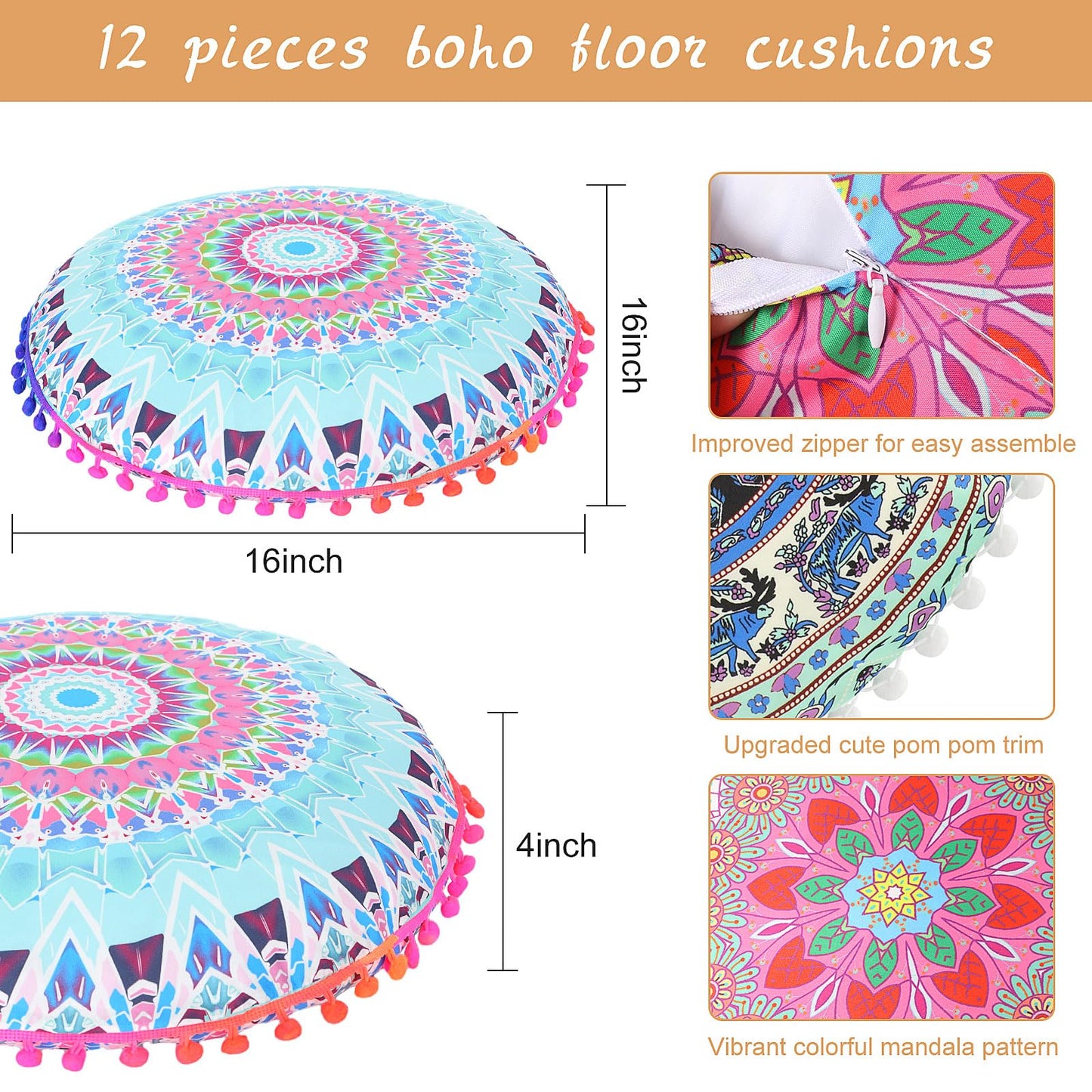 Ganeen 12 Pcs Boho Floor Cushions for Classroom Kids Seating Pillow Flexible Floor Cushions Meditation Pillows for Toddler Sitting at Home School Classroom Kindergarten Daycare Nursery (Round)
