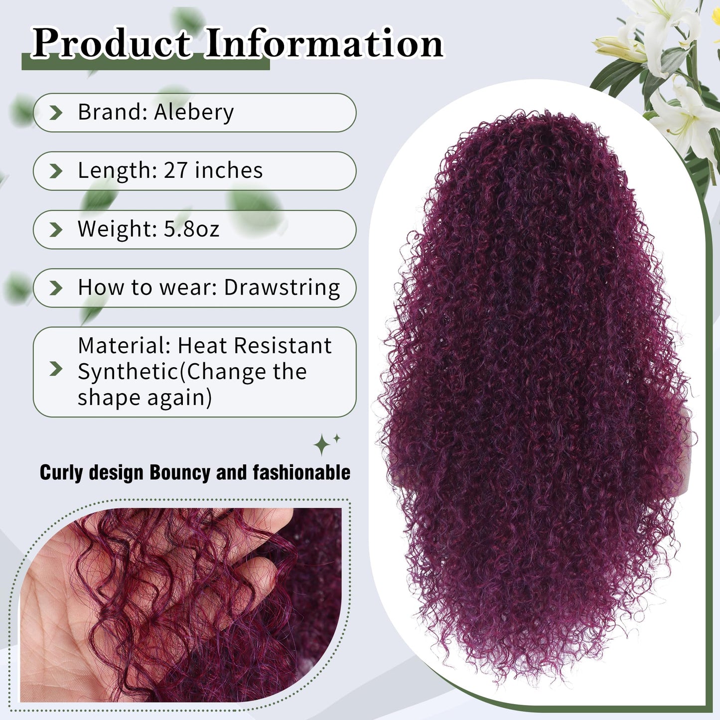 Alebery 27 Inch Drawstring Ponytail Extension for Black Women Deep Curly Ponytail Extension Synthetic Mixed with Human Hair Hairpieces Afro Kinky Curly Pony Tail for Daily Use (Rose Purple)