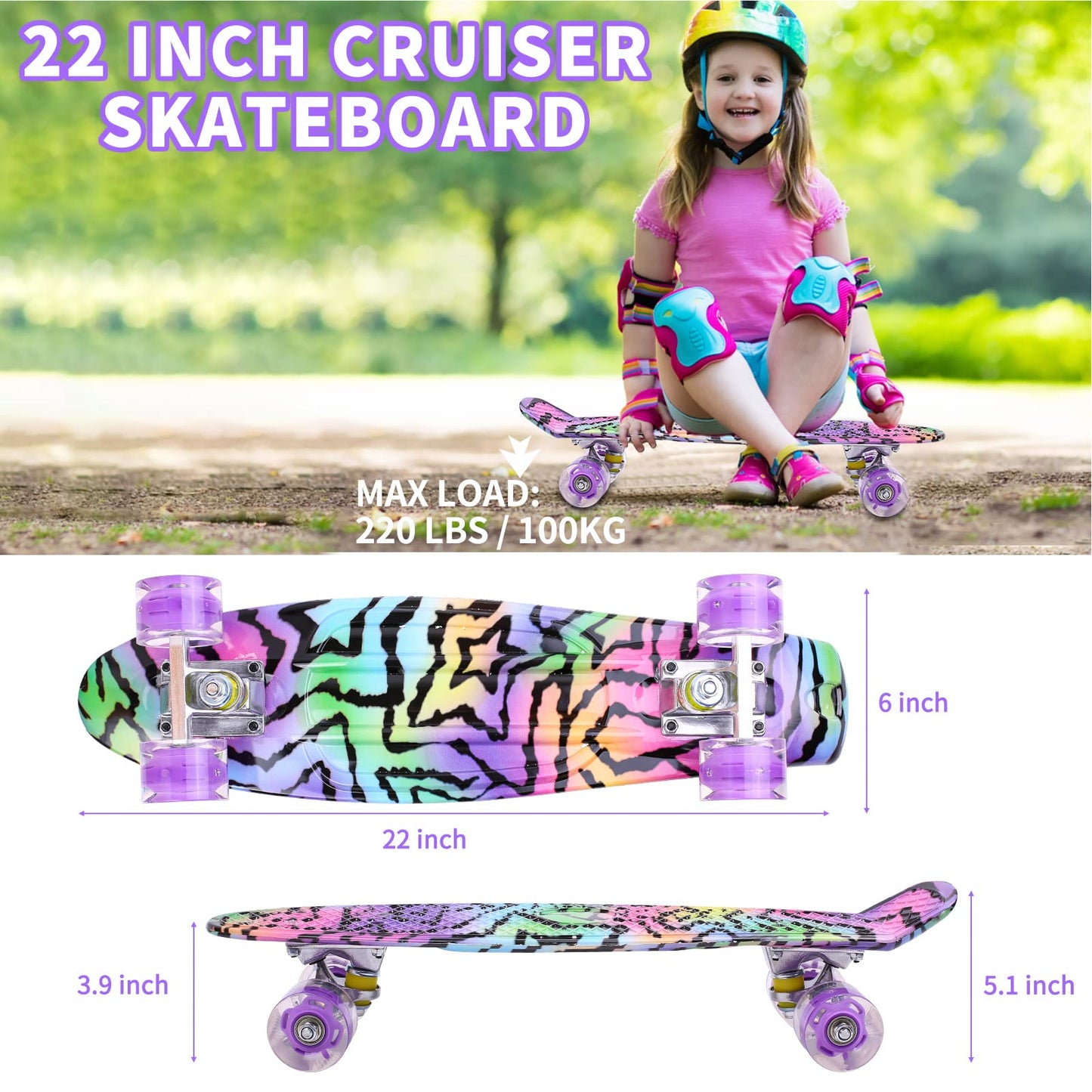 Kqpoinw Kids Skateboard,22" Complete Skateboards for Kids,Teens,Girls,Beginners,Skate Board,Purple Skateboards with Colorful LED Light up Wheels,Skate Tool, Ideal Gift for Girls,Kids