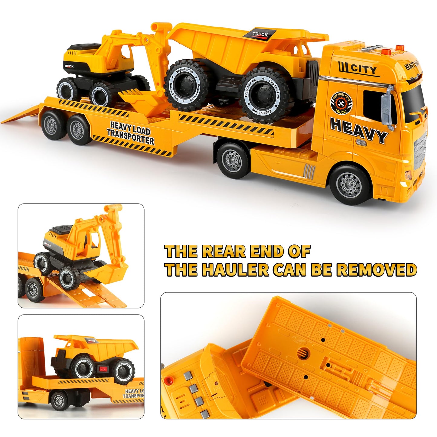 Dwi Dowellin Construction Carrier Truck Kids Toys,25.6" Semi-Trailer Toy with Excavator and Dump Truck,Gifts for Age 3 4 5 6+ Years Old Boys Girls