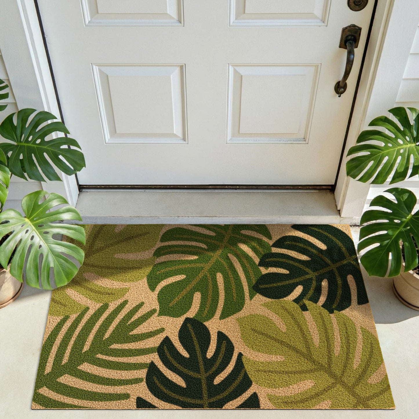 DEXI Front Door Mat Outside Entrance Coir, 2x3 Heavy Duty Entry Summer Tropical Plant Doormat, Non Slip Entryway Floor Dirt Trapper for Porch Patio, Green Monstera Leaves