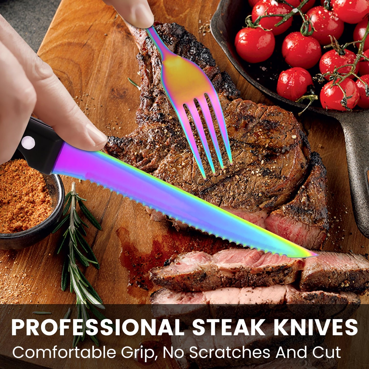69 Piece Rainbow Silverware Set with Steak Knife Service For 8, Colorful Flatware Cutlery Set Stainless Steel Utensils Mirror Polishe Spoons and Forks with Metal Straw, Slotted Spoon, Tongs, Tableware