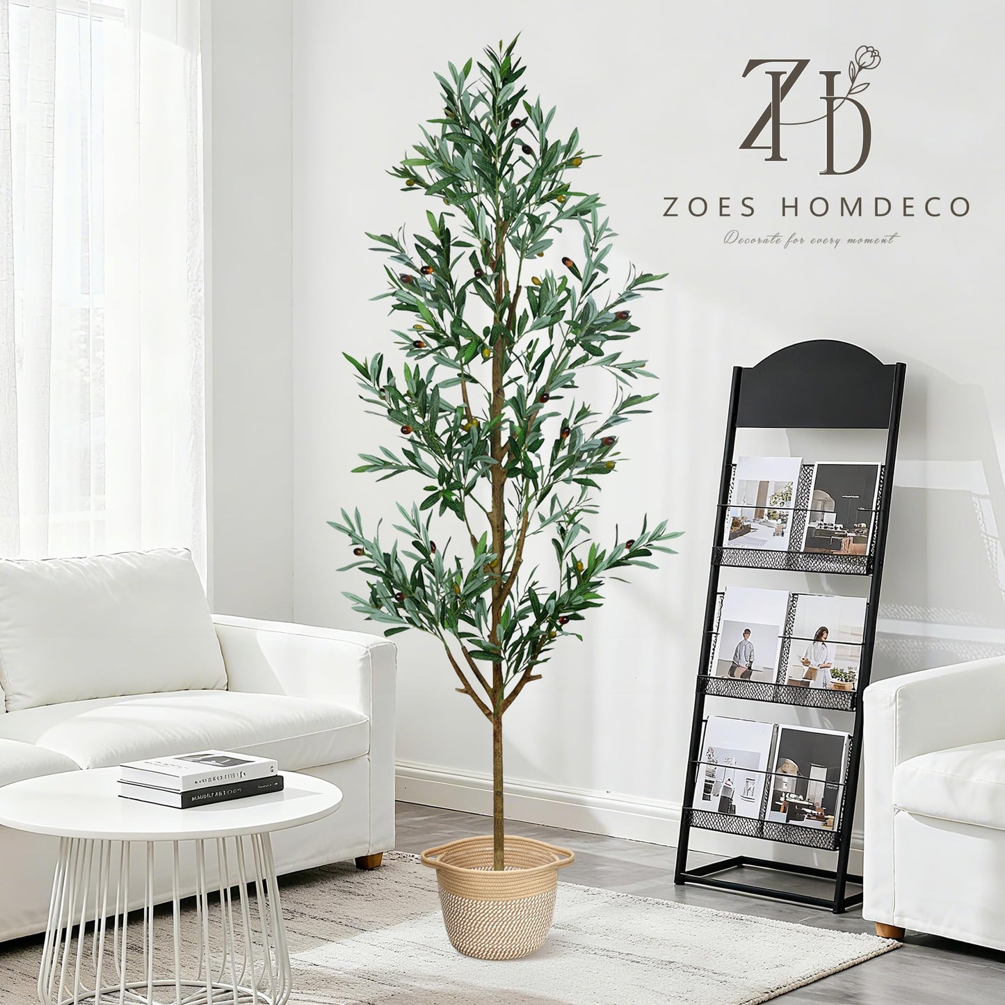 ZOES HOMDECO Faux Olive Tree 6ft, Olive Trees Artificial Indoor with Planter and Basket, Tall Fake Tree with Realistic Leaves and Fruits for Home Living Room Bedroom Outdoor Decor