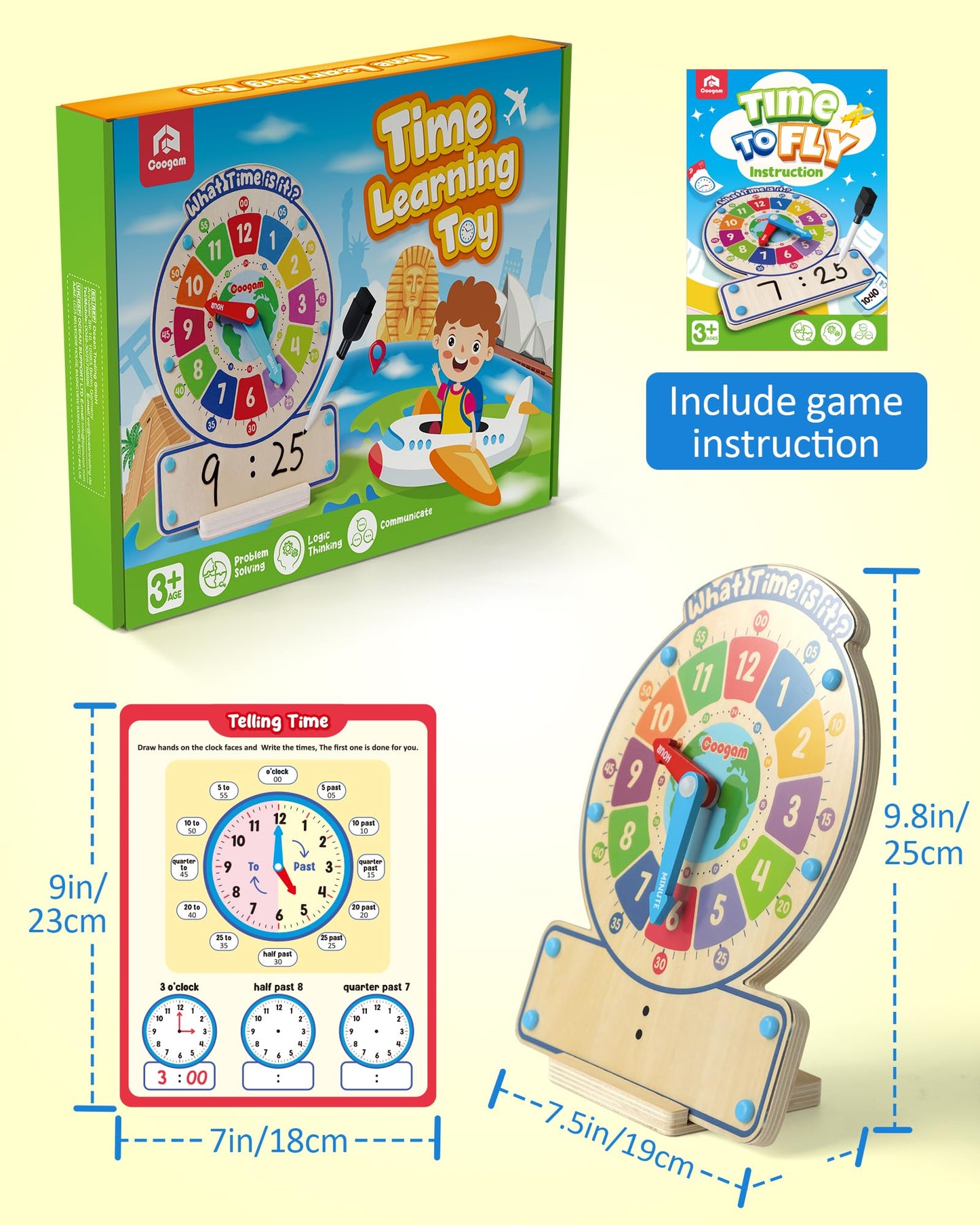 Coogam Wooden Clock Teaching Time Toy, Analog Digital Clock with Fly-Telling Board Game, Learning Educational Toy for 3 4 5 Year Old Homeschool Classroom Kids