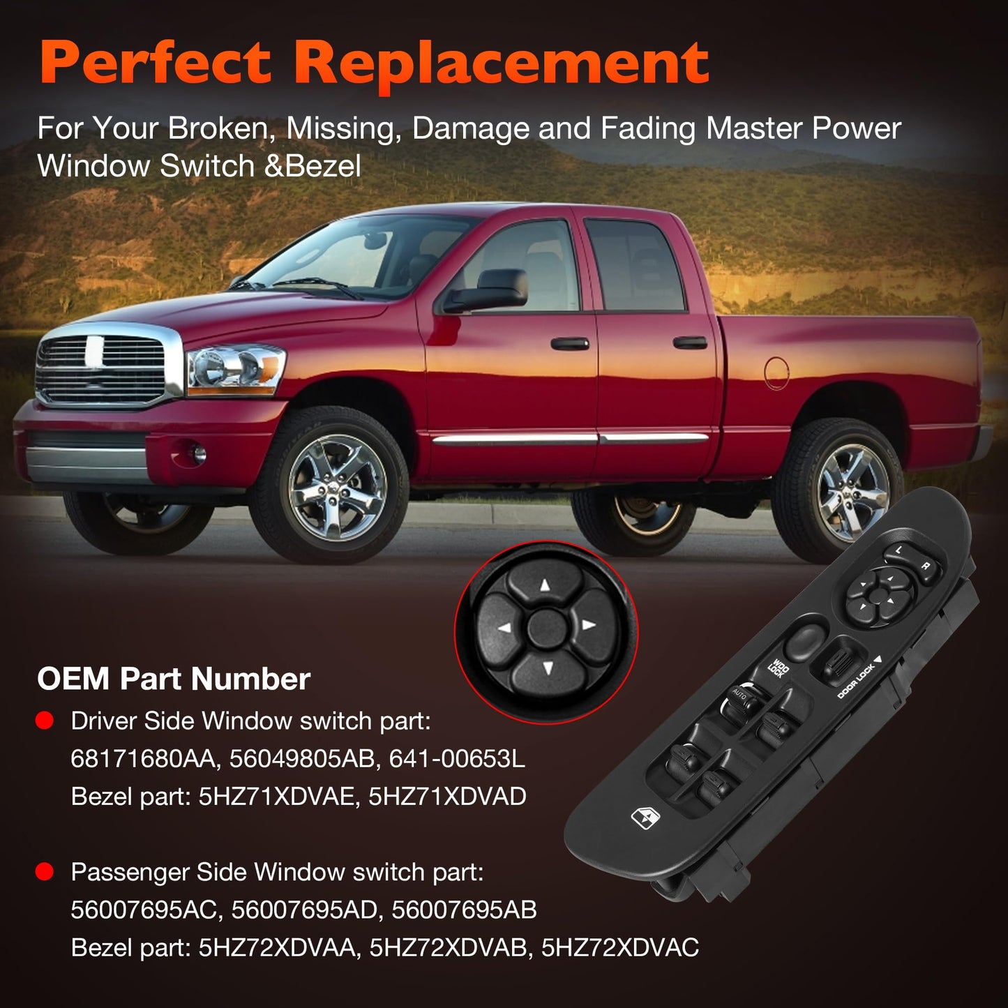 56049805AB Master Power Window Switch and Bezel(Driver & Passenger Side) Compatible with 2002-2009 Dodge Ram1500 2500 3500,2001-2004 Dodge Dakota,2001-2003 DodgeDurango,2005-2009 Sprinter 2500(Black)