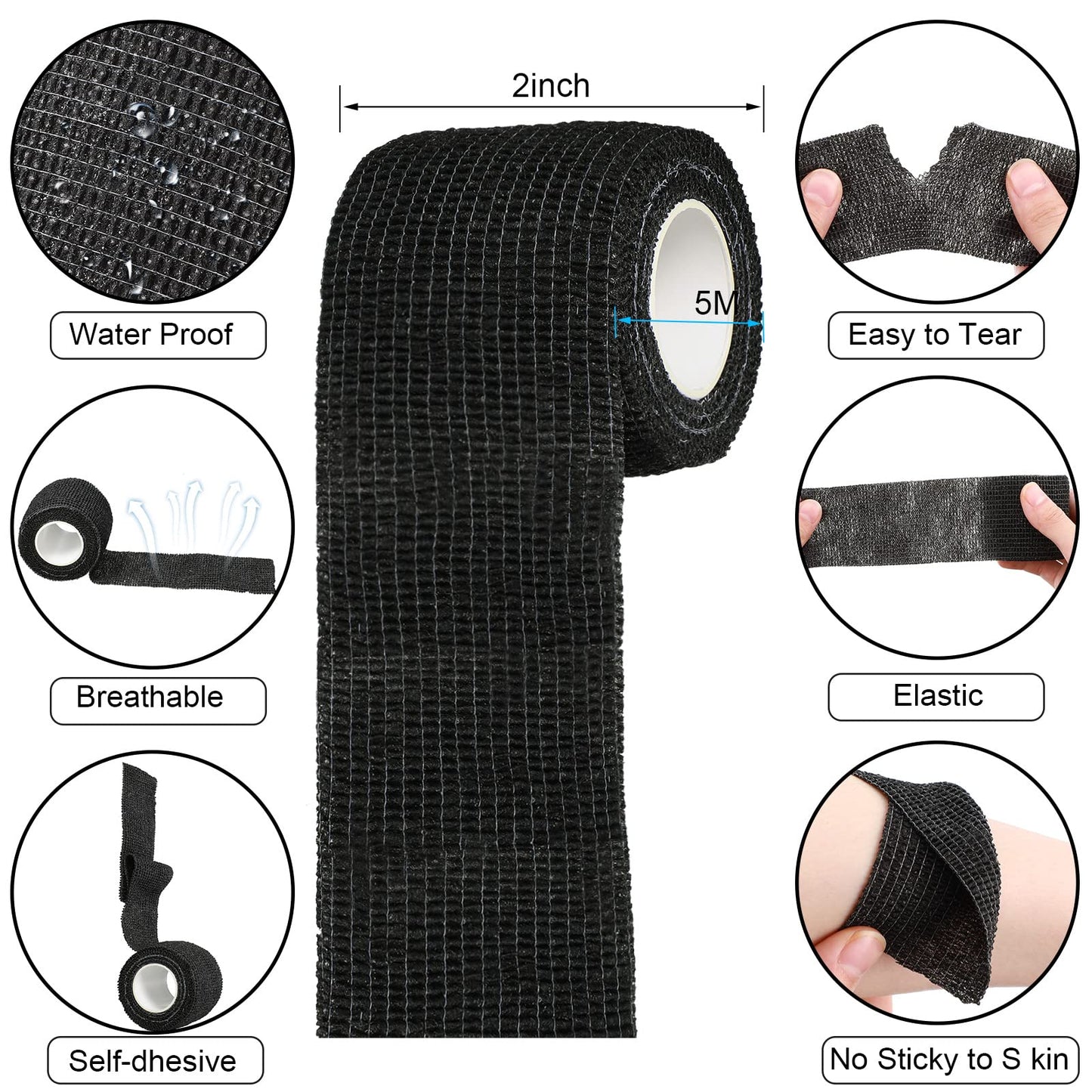 Treela 96 Pack Self Adhesive Bandage Wrap 2 Inch x 5 Yard Self Adherent Cohesive Bandages Elastic Athletic Sports Tape Breathable Wound Tape for Stretch Athletic Wrist Ankle(Black)