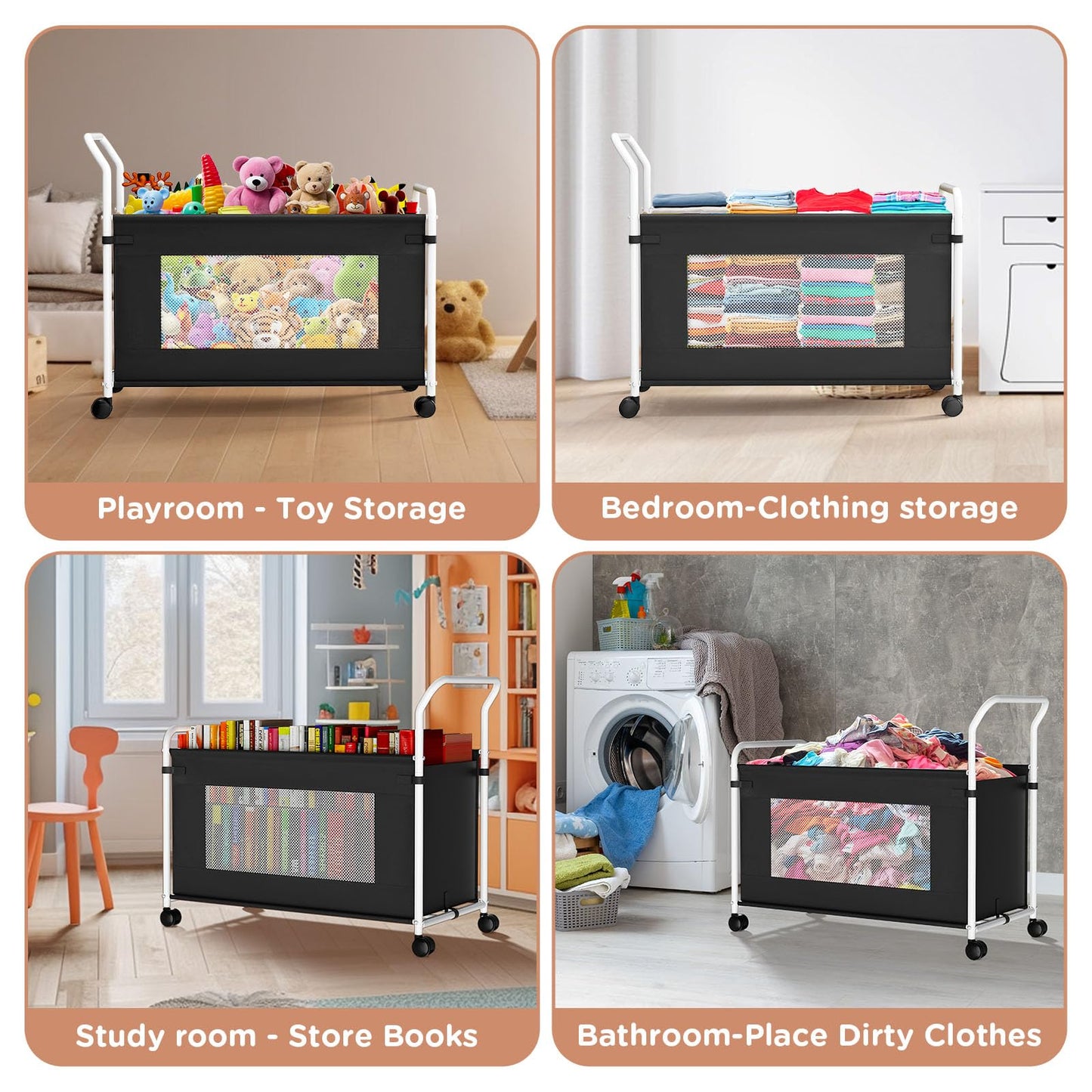 KEEGH Extra Large Toy Box for Kids with 360° Rotating Wheels, Heavy Duty Toy Chest for Boys and Girls, Toy Storage Organizer for Kids, Toy Bins for Living Room, Nursery, Bedroom(Black)