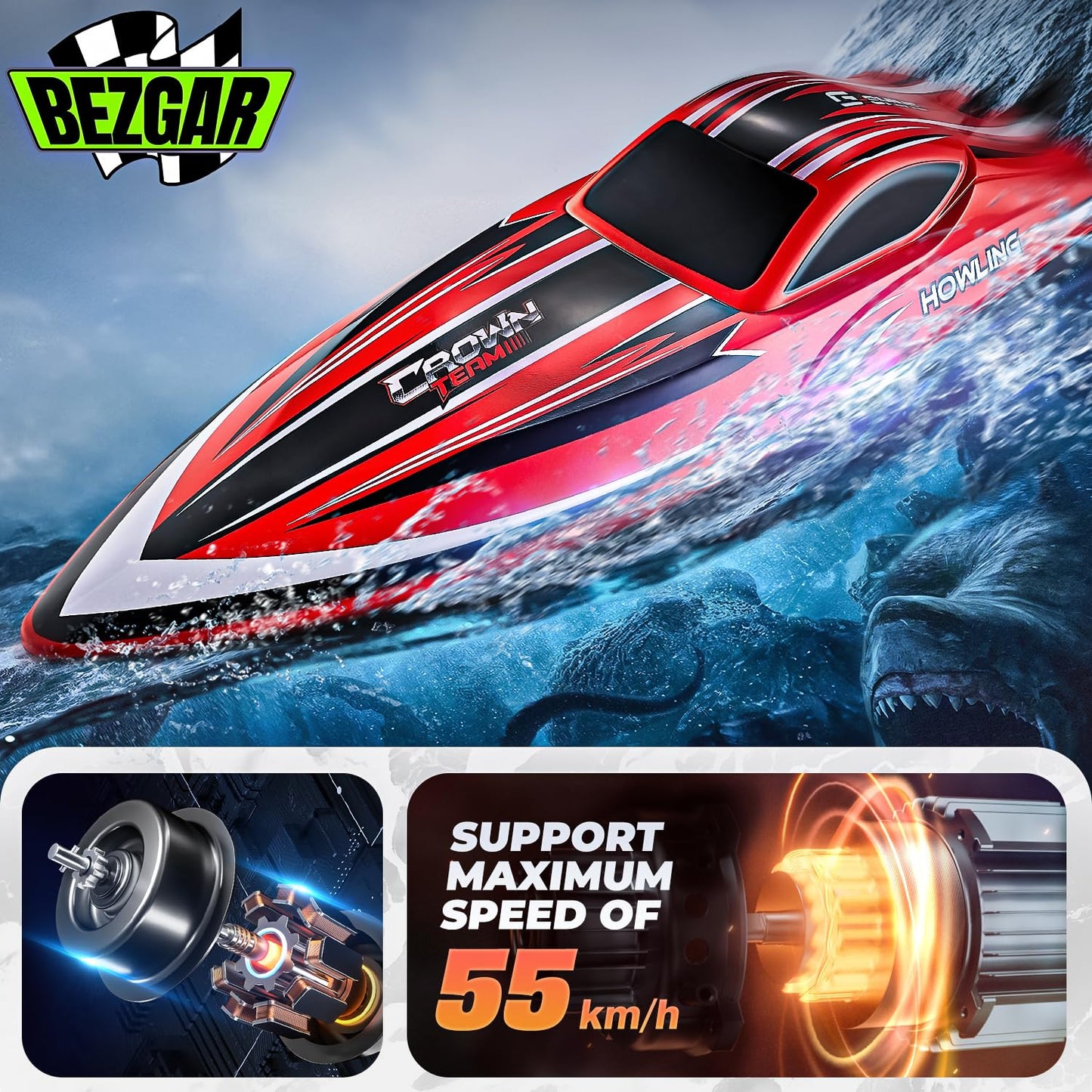 BEZGAR RC Boat, 16 inch Big Brushless Remote Control Boat for Adults and Kids, 55 KPH Large Fast RC Speed Boats with 2000mAh Battery, Ideal Waterproof Toy Boats for Lakes - HJ818PRO Red