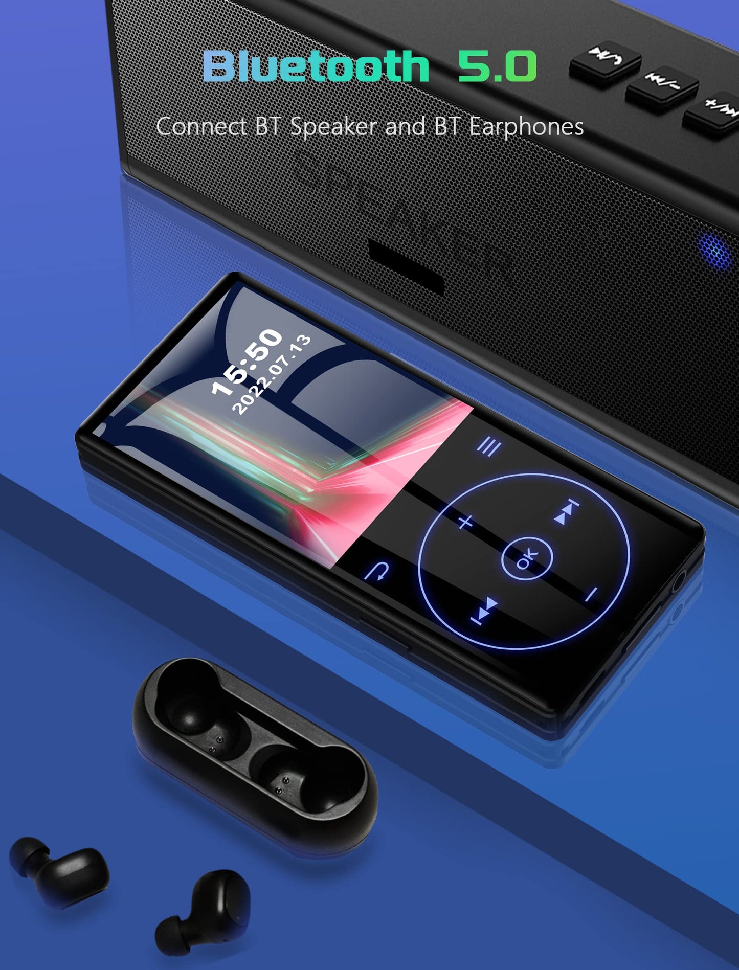 96GB MP3 Player with Bluetooth 5.0: Portable Lossless Sound Music Player with HD Speaker,2.4" Screen Voice Recorder,FM Radio,Touch Buttons,Support up to 64GB for Sport(Earphones&64GB TF Card Included)