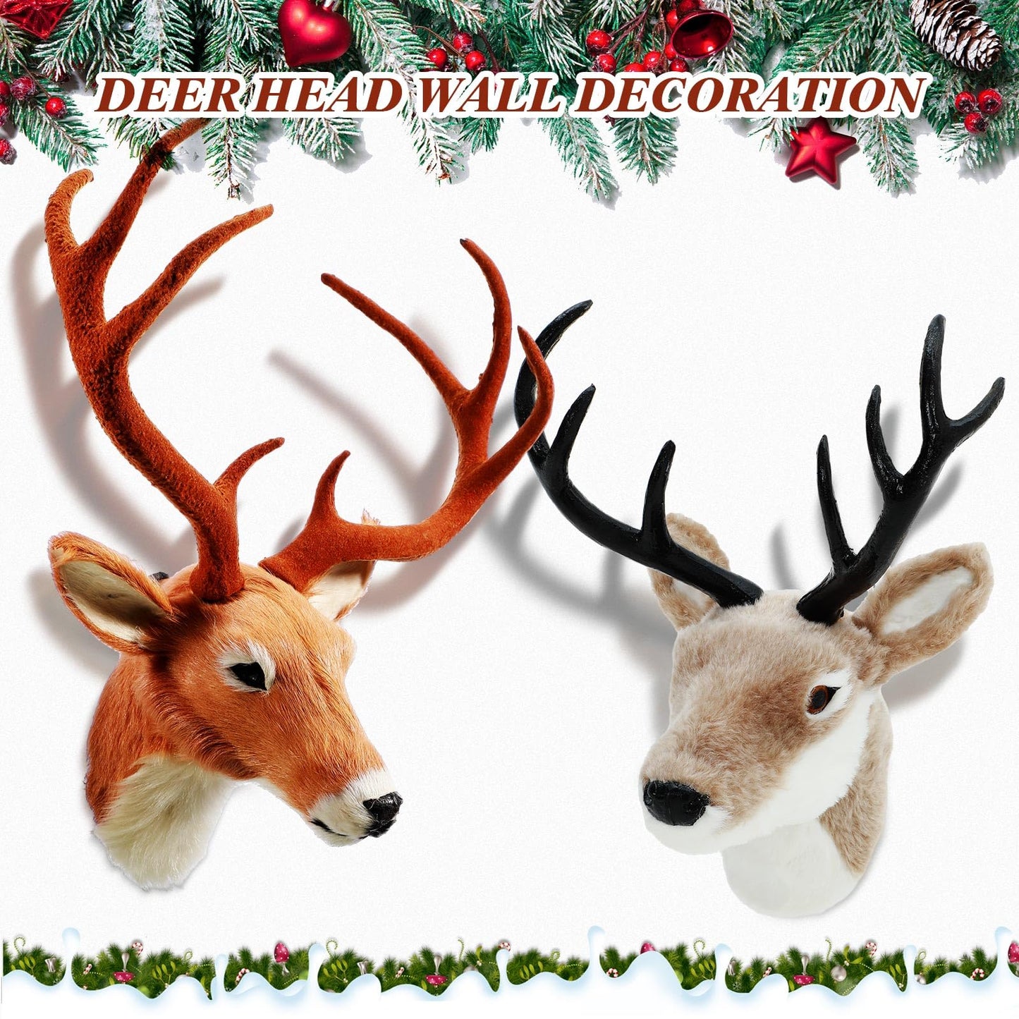 Arrowbash 2 Pack 13" The Elk Plush Stuffed Animal Wall Mount Plush Stuffed Animal Taxidermy Head for Christmas Home Wall Decoration Adult(Deer Head)