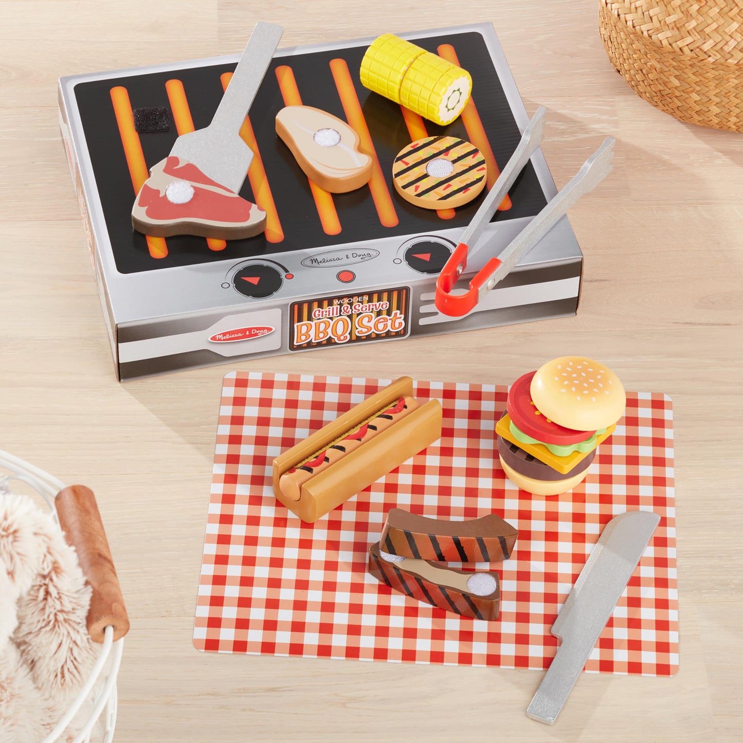 Melissa & Doug Grill and Serve BBQ Set (20 pcs) - Wooden Play Food and AccessoriesHot Dog Toy BBQ Play Kitchen Food for Ages 3+