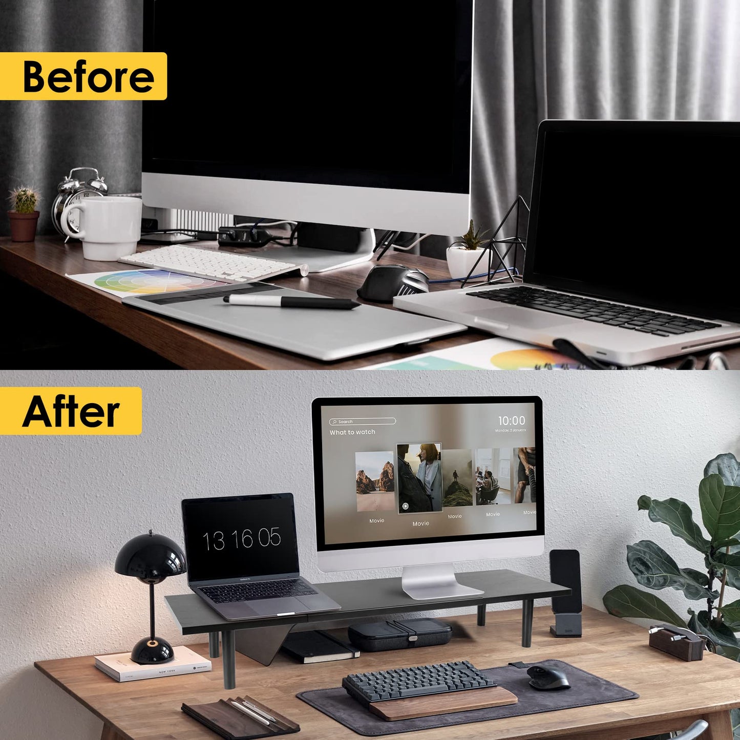 Across-Star Dual-Monitor-Stand-Riser-For-Desk Adjustable Length 32-40 Inch,Large Desktop Computer Monitor Riser For 2 Screens,Desk Shelf Organizer Riser Stand For Computer/Laptop/PC/Printer/TV Black
