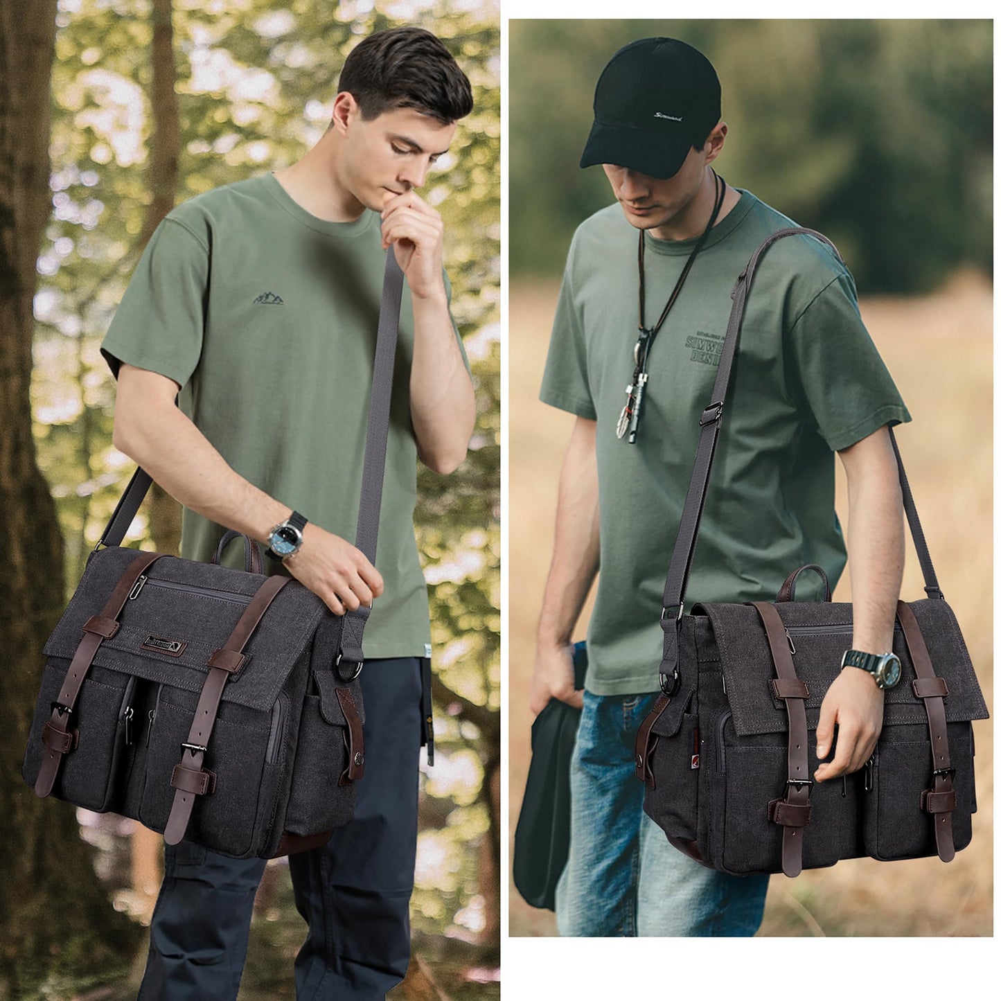 WITZMAN Vintage Canvas Messenger Bag for Men and Women Large Satchel Bags Crossbody Shoulder with 17 inch Laptop(A8008/2 Black)