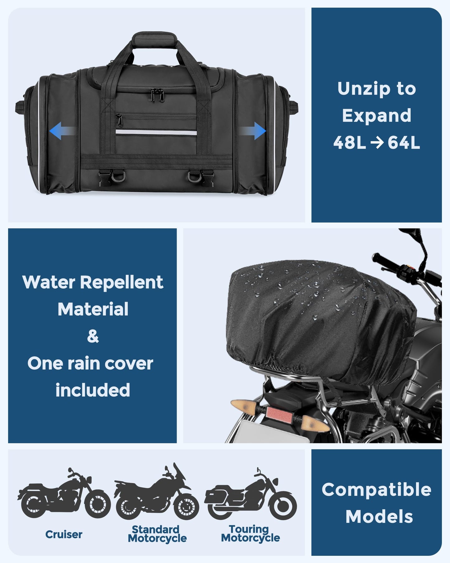 Marscamd Waterproof Motorcycle Tail Luggage Bag, 48L-64L Expandable, a Rain Cover Included, Bag with 4 Rack Mount Straps and Multiple Pockets - Black