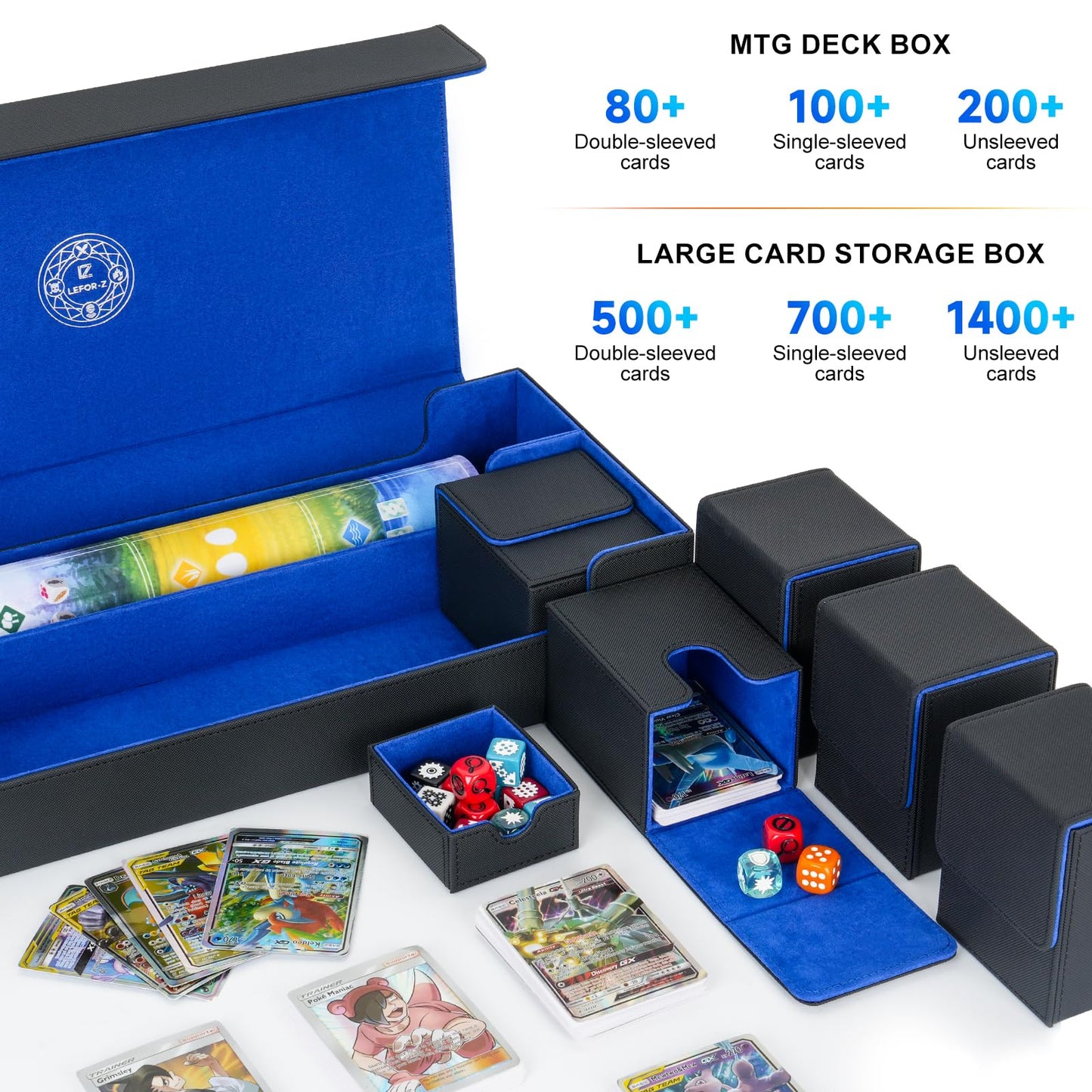 6 in1 Card Deck Box Set,X-Large Premium Trading Card Storage Case with 5 Small Box,Magnetic Game Deck Display Case Compatible with MTG/TCG/Yugioh/Magic/Commander(Black&Blue)