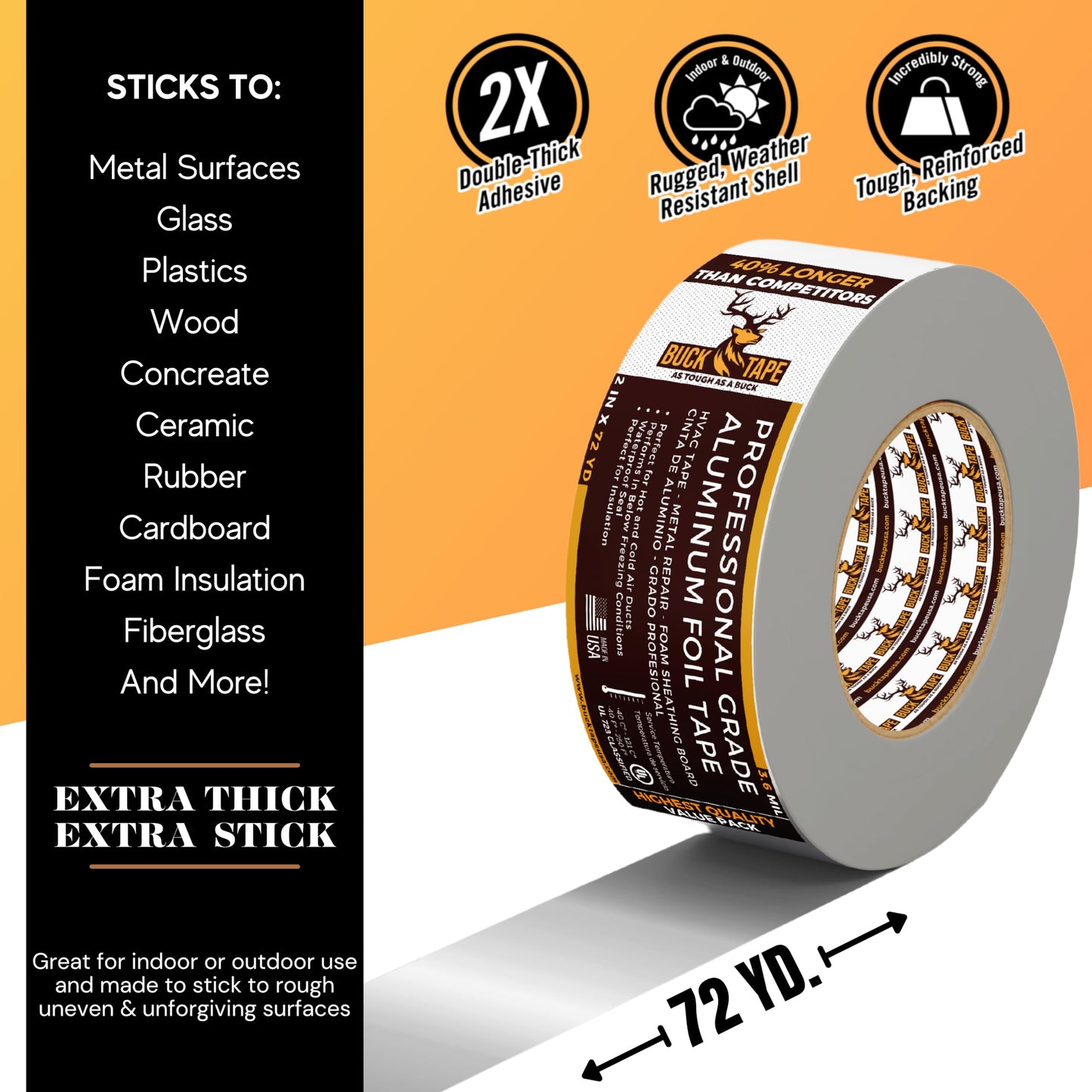 2 Pack Buck Professional Grade Aluminum Foil Tape - 3 Inch x 216ft (72 yd) 3.6 Mil - Ideal for HVAC, Insulation, Pipes & Metal Repair - Heat Resistant & Waterproof - Perfect for Sealing Ducts & Vents