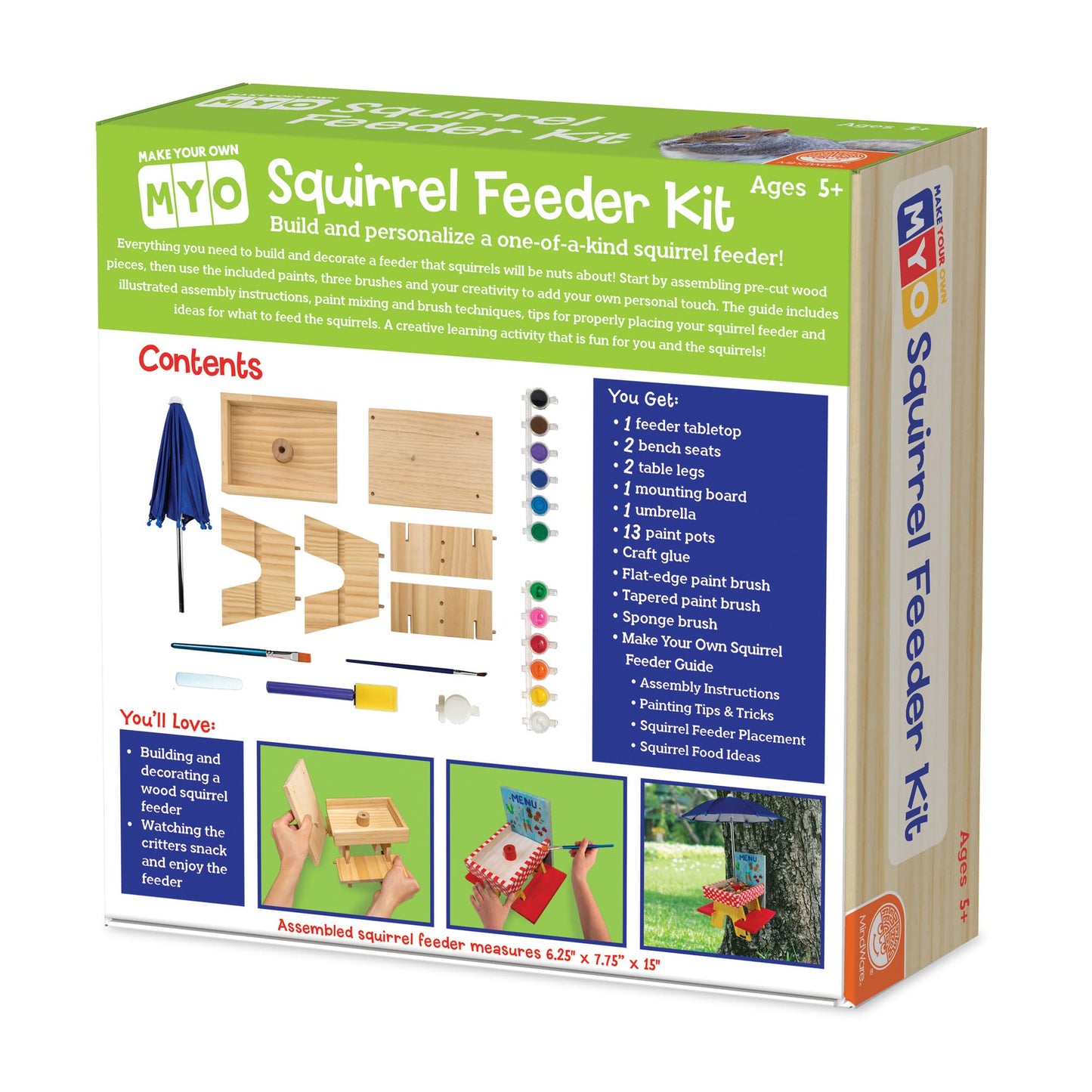 MindWare Make Your Own (MYO) Squirrel Feeder Craft Kit for Kids - Includes Wood Pieces, Paint, Brushes, Instructions and More