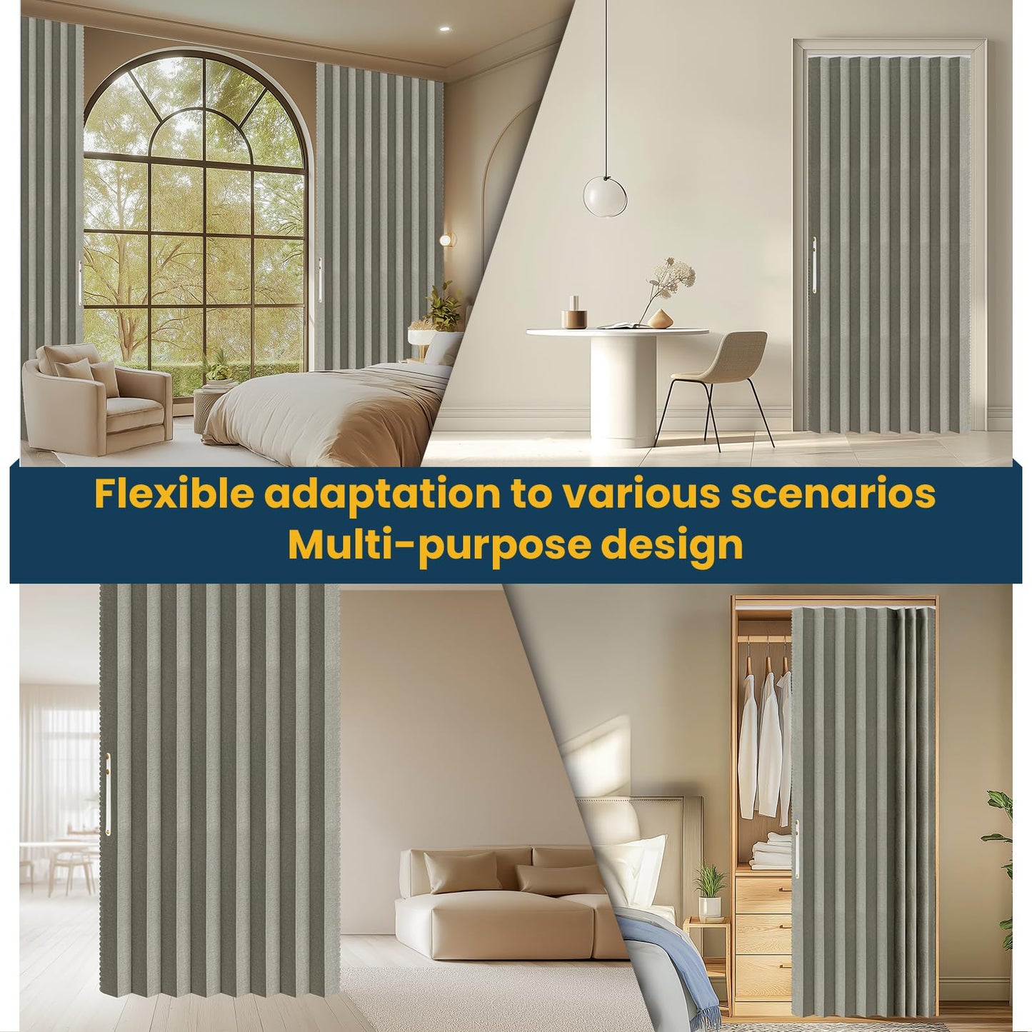 AJAZZ 100% Blackout Magnetic Accordion Door Curtain - Invisible Folding Panel for Bedroom, Living Room, Doorway - Curtain Sets Includes Tracks (1 Panel, 43W x 79L, Grey)