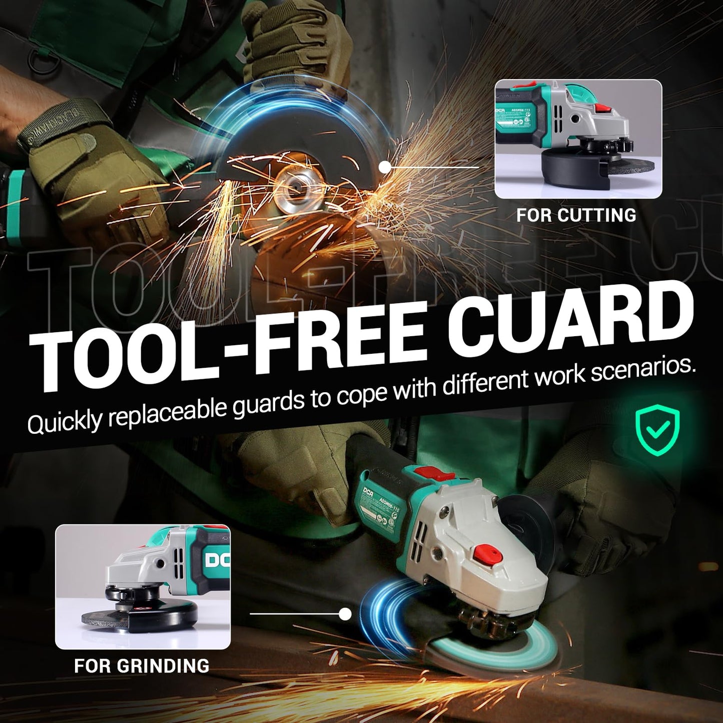 DCA Cordless Angle Grinder 4-1/2 inch, 20V Brushless Motor 8500RPM, Battery Grinder Tool-Free Guard, 4.0Ah Battery & Charger, Power Electric Cut Off Tool with 6 Discs for Cutting, Grinding, Polishing