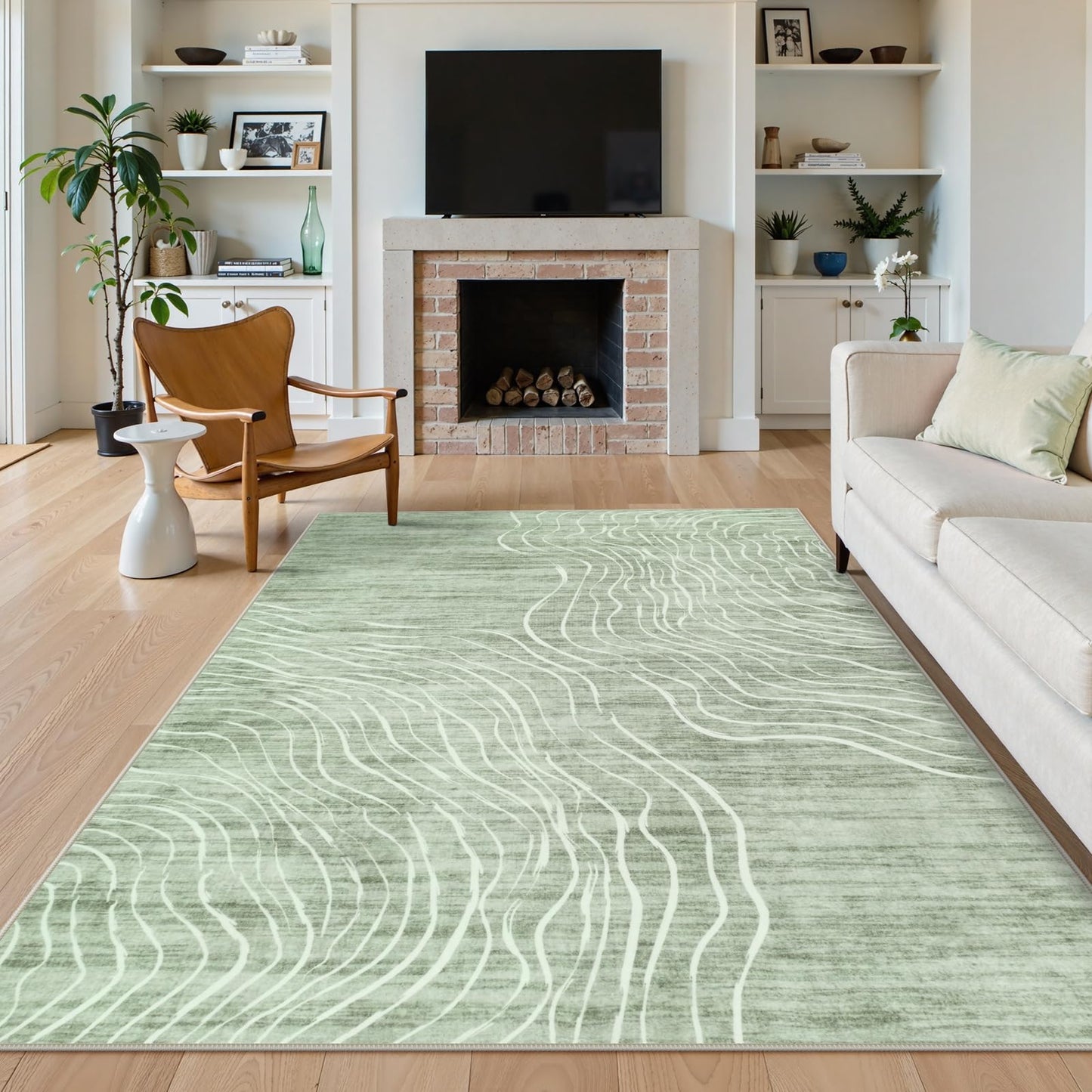 5x7 Sage Green Modern Abstract Area Rugs for Living Room, Washable Rugs for Nursery Bedroom, Non-Slip Minimalist Neutral Wave Striped Rugs for Playroom Boys, Throw Accent Rug Carpet for Dining Room