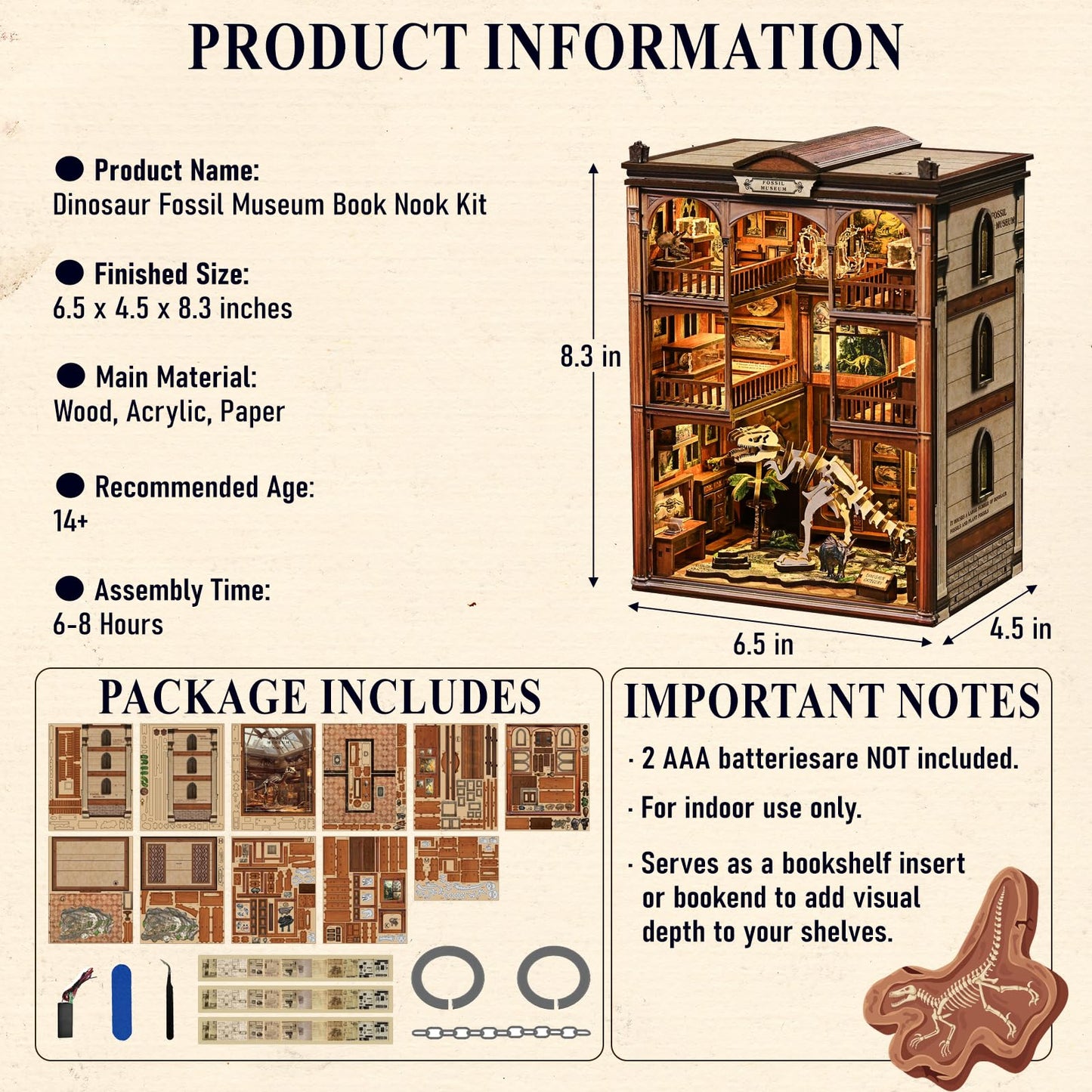 3D Puzzles for Adults DIY Book Nook Kit - Wooden Bookshelf Decor Miniature House Kit, Book Nook for Bookshelf with LED Light, Dinosaur Fossil Museum Bookend Craft Gift for Teens