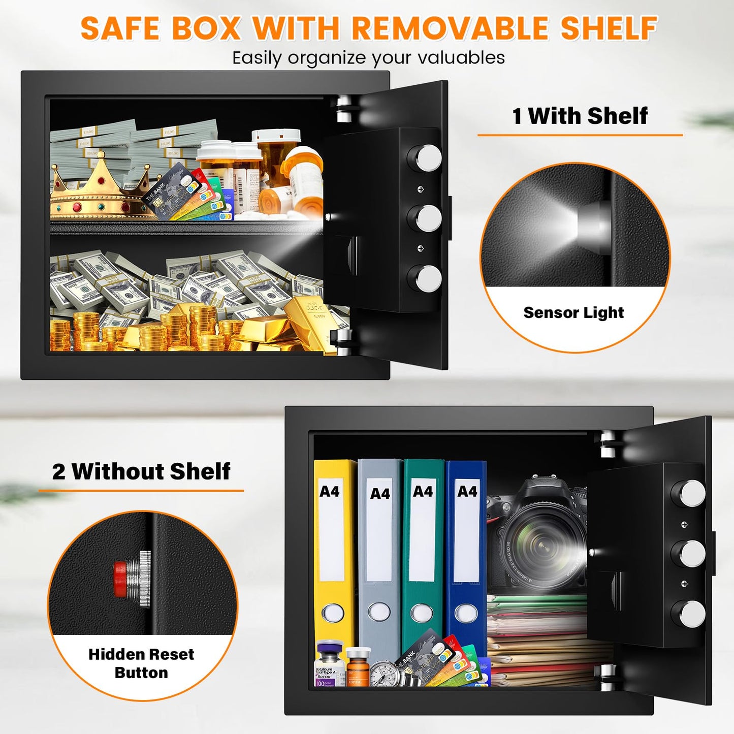 2.0 Cuft Safes for Home, Fireproof Safe Box, Home Safes Fireproof Waterproof with Electronic Keypad & Fire Proof Bag, Removable Shelf, Smart Alert, Safe Box for Home Documents Money Medicine