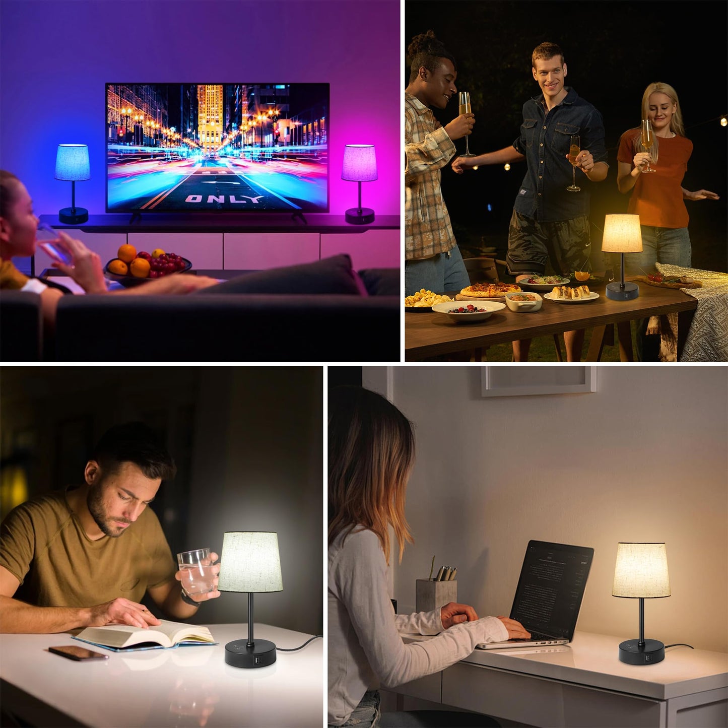 Ascher Small Bedside Table lamp Set of 2, RGB Color Changing Lamps, 3 Color Temperatures, Dimmable Nightstand Lamp with USB C+A Ports, Touch Desk Lamp for Bedroom Living Room, H11.4in(Flaxen Shade)