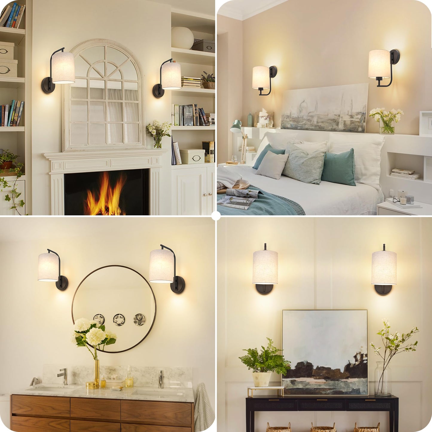 MATAMEYE Battery Operated Wall Sconce Set of 2, Black Rechargeable Wireless Wall Light Fixture with Remote, 12 RGB Colors & Timer, Indoor Dimmable Wall Lamp with Linen Shade