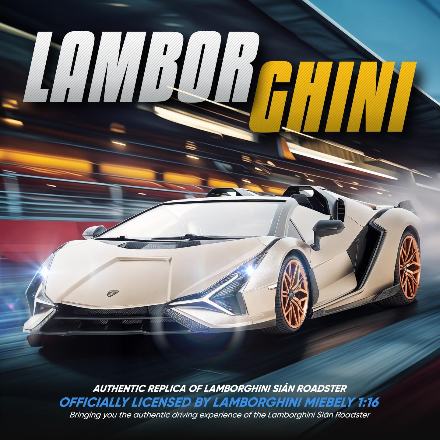 MIEBELY Lamborghini Remote Control Car, 1:16 Scale Lambo Toy Car 7.4V 500mAh Officially Licensed 12Km/h Rc Cars with Led Light 2.4Ghz Model Car for Adults Boys Girls Birthday Ideas Gift (Champagne)
