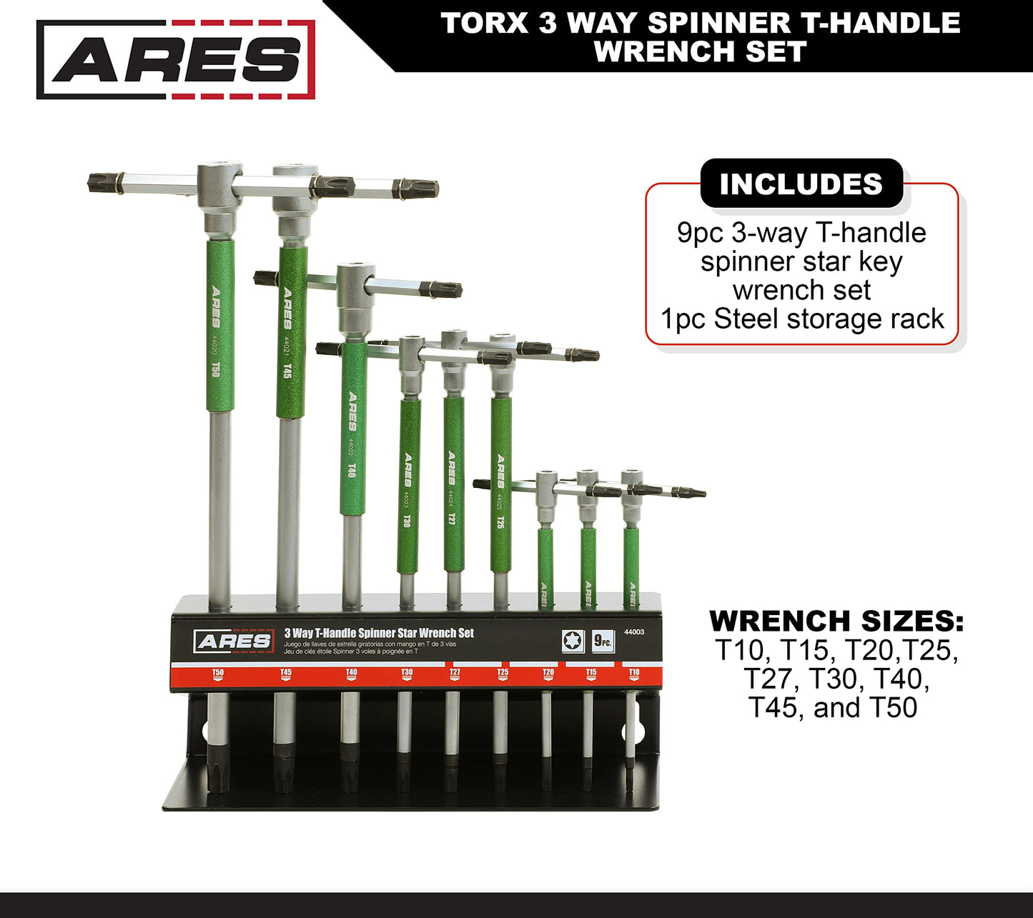 ARES 44003 – 9-Piece Torx 3-Way T-Handle Spinner Star Key Wrench Set – Sizes from T10 to T50 – Sliding Handle, Spinning Sleeve for Versatile Speed and Leverage Application – Friction Treated Tips