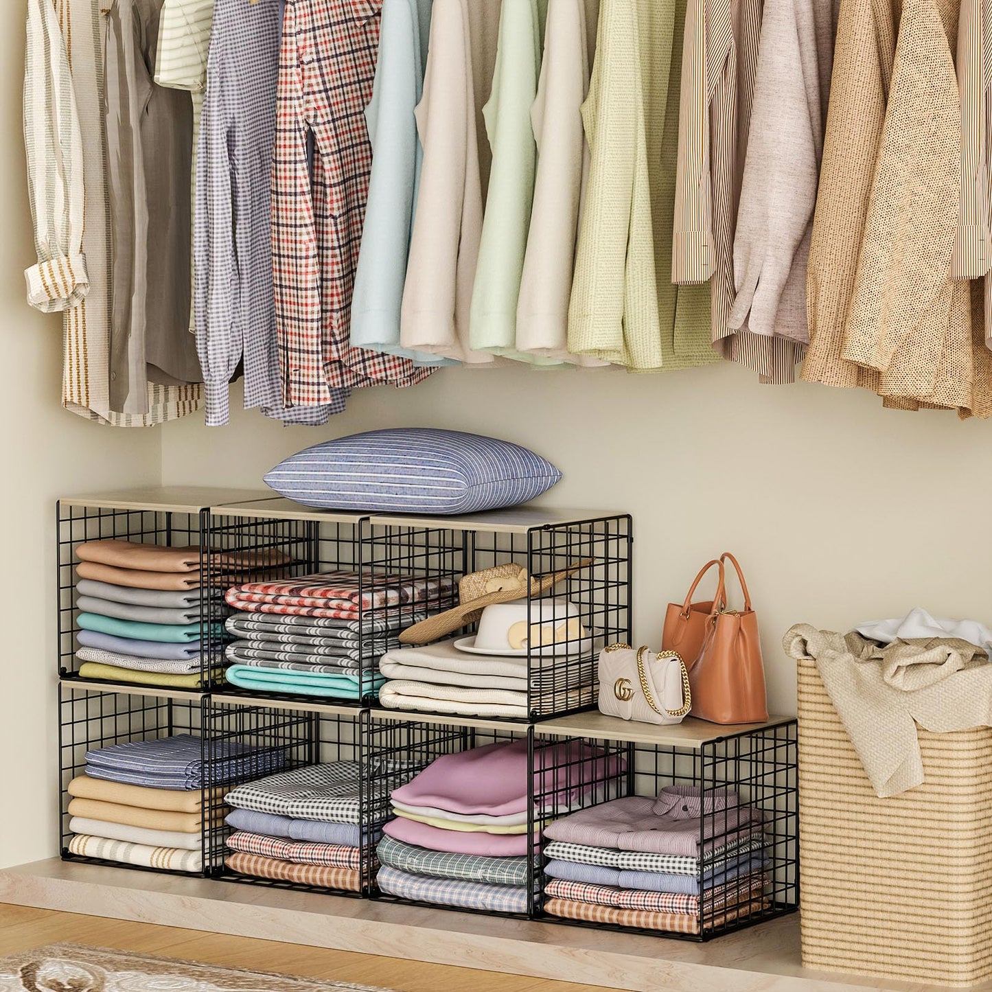 4-Tier Stackable Closet Organizers and Storage Basket, Shelves with Wood Top, Foldable Clothes Storage Bin/Cube Drawer Organizer for Wardrobe, Space-Saving, Closet Organization,Black(Patent Pending) ๏ปฟ
