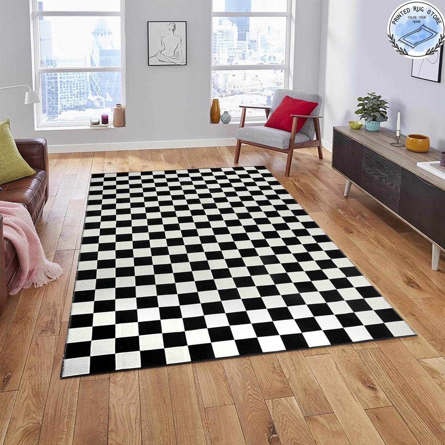 Seavish Checkered Rug, 5x8 Ft Black and White Rug, Retro Moroccan Checkerboard Rugs, Lightweight Outdoor Washable Area Rug, Rustic Floor Carpet Decor for Living Room Bedroom Dining Room Patio