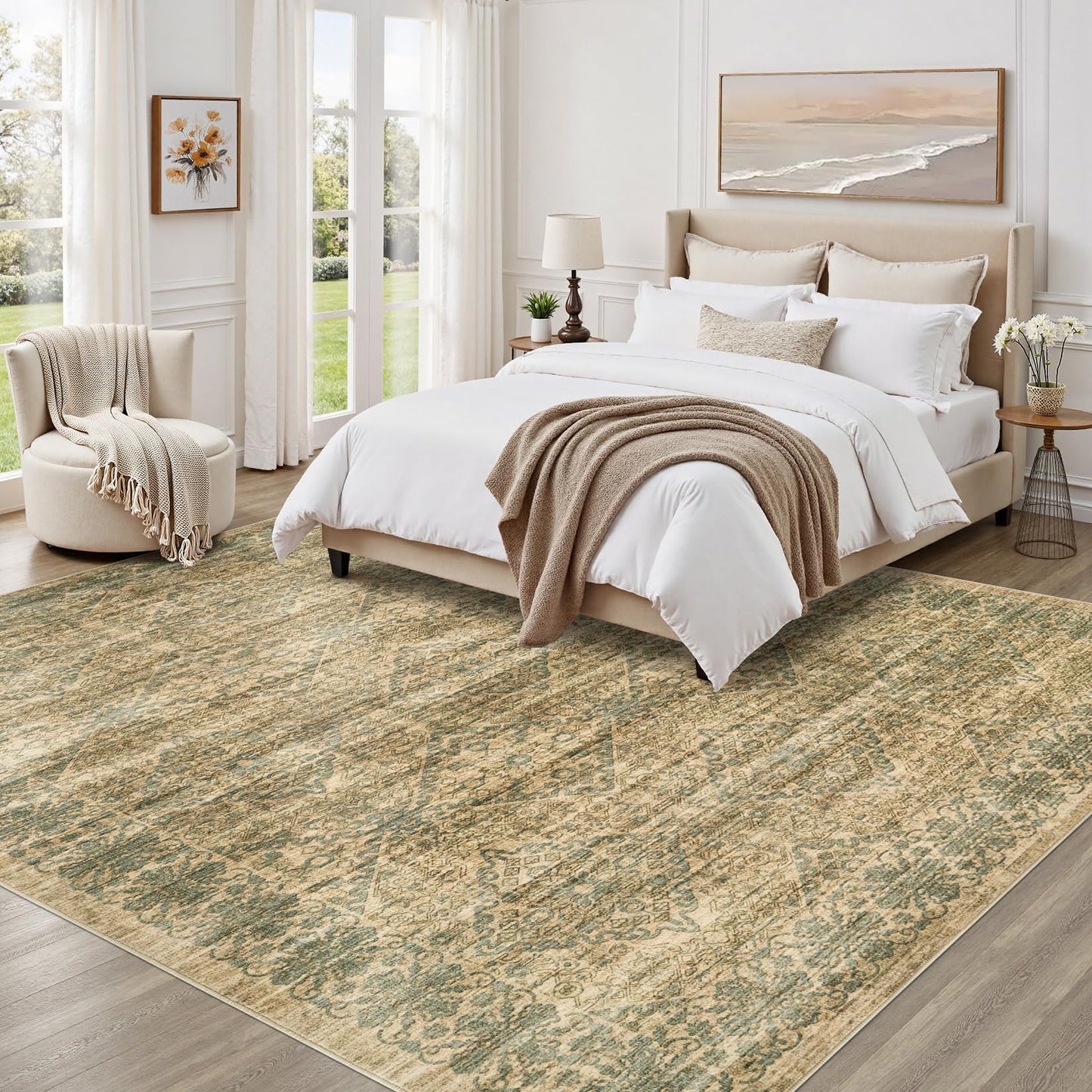 10x14 Area Rug Living Room: Washable Neutral Vintage Large Rugs Non-Slip Stain Resistant Soft Low Pile Indoor Retro Carpet for Bedroom Dining Room Under Table Office Playroom - Brown