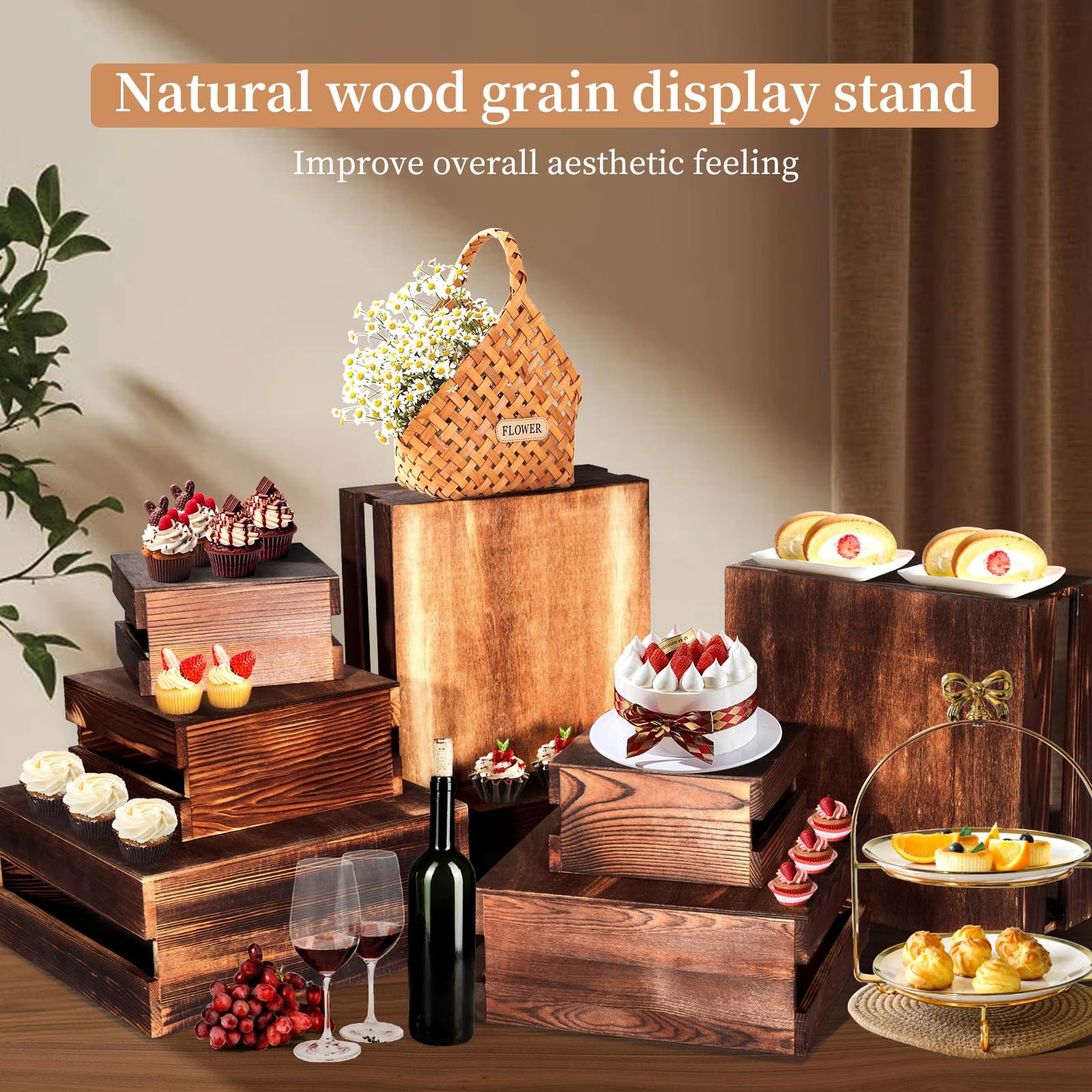 8 Pcs Buffet Risers with Mini Signs, Rustic Wood Cake Stands, Food Risers for Buffet Table, Dessert Display Stand, Wood Crates, Rustic Cake Stand for Party, Wedding, Birthday, Baby Shower, 4 Sizes
