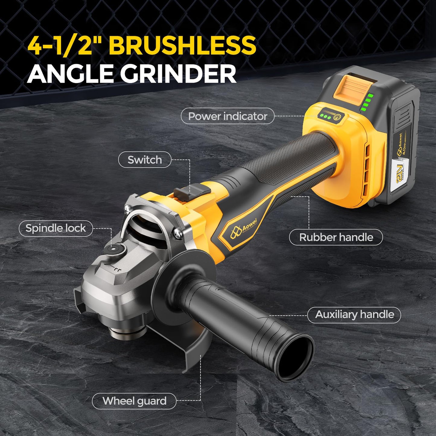 Aowei Brushless Cordless Angle Grinder, 21V Angle Grinder Toolbox Kit, with 2x4.0Ah lithium batteries and charger, yellow 4-1/2 inch grinder, suitable for cutting, grinding, polishing