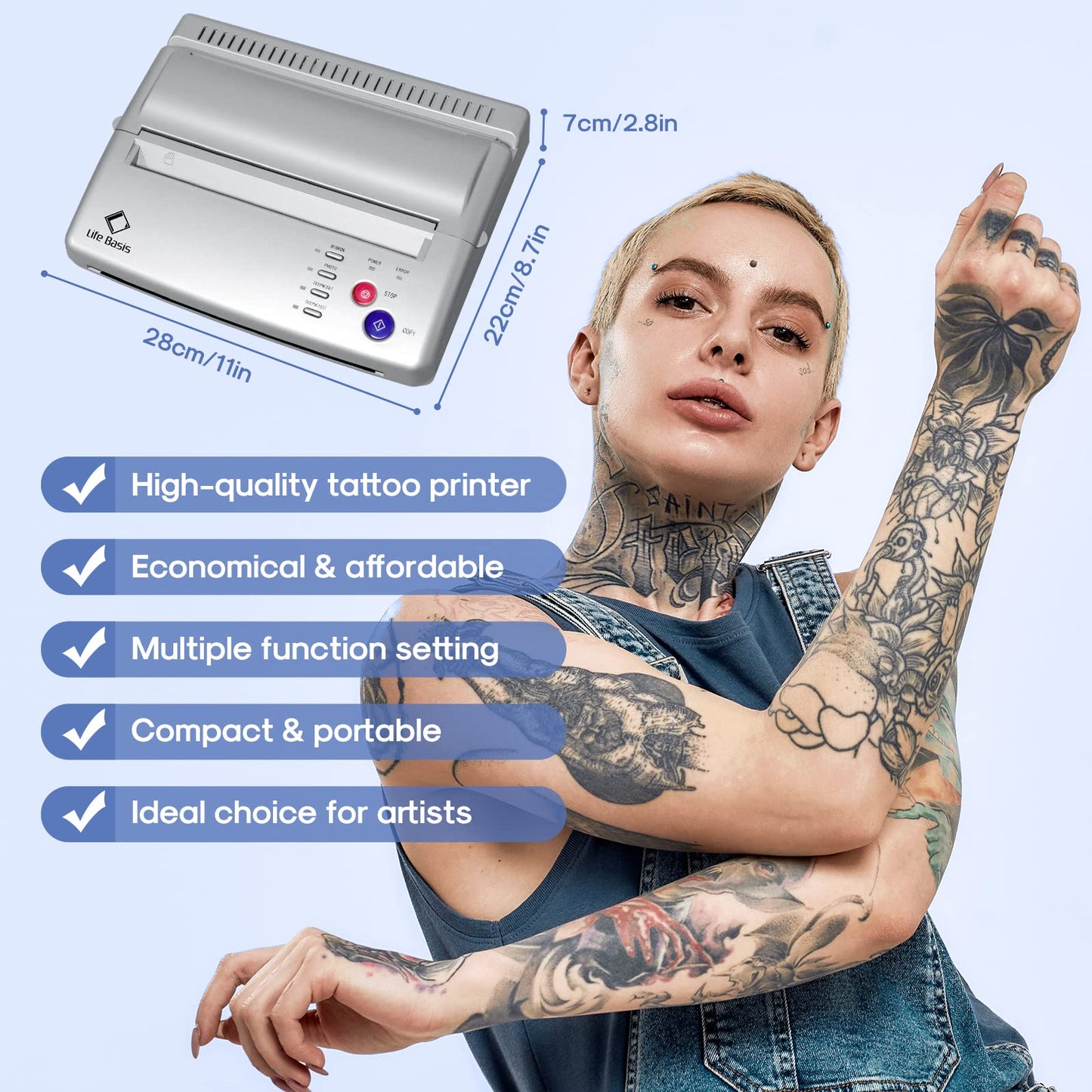 LifeBasis Tattoo Transfer Stencil Machine Professional Thermal Tattoo Stencil Printer with Tattoo Transfer Paper 20 Sheets Tattoo Printer Kit for Men