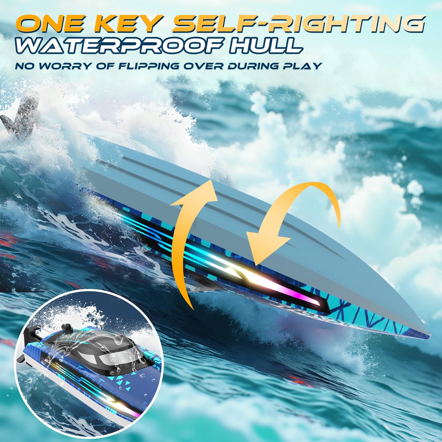ARMEW RC Remote Control Boat with 7LED Light Modes for Adults Kids 8-12 Pool Lakes, Waterproof 25KMH Electric Fast Boat with Self-righting,Demo, Low Battery/Over Distance/Signal Interference Alarm