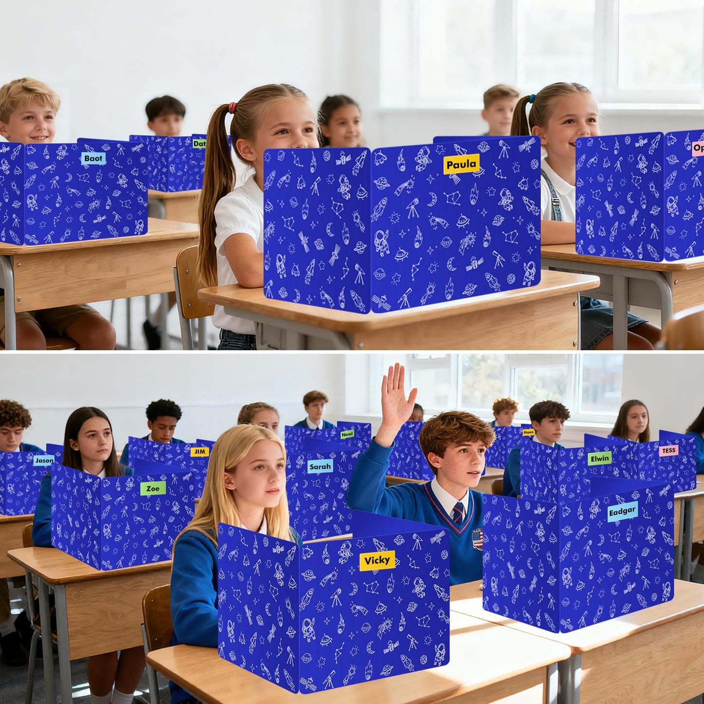 Blue 24-Pack Desk Dividers for Students, Space Style Plastic Study Carrel Divider, Durable Testing Dividers for Classroom Teacher Supplies, Easy to Clean Privacy Shield Folder Boards for Student Desk