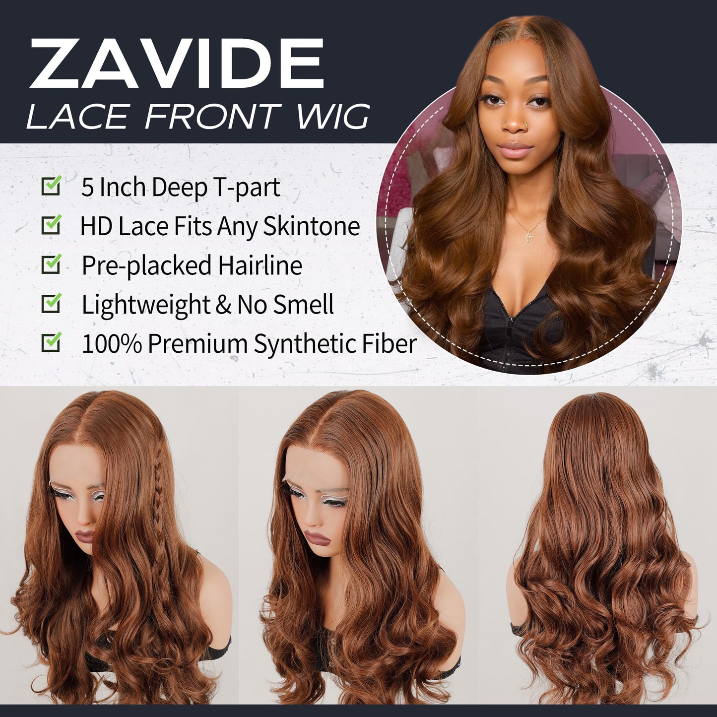 ZAVIDE Chocolate Brown Lace Front Wig Body Wave Synthetic Pre Plucked Glueless HD Lace Front Wigs For Women