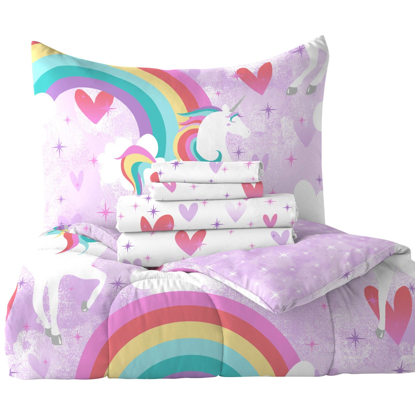 dream FACTORY Kids 5-Piece Complete Set Easy-Wash Super Soft Microfiber Comforter Bedding, Twin, Purple Unicorn Rainbow