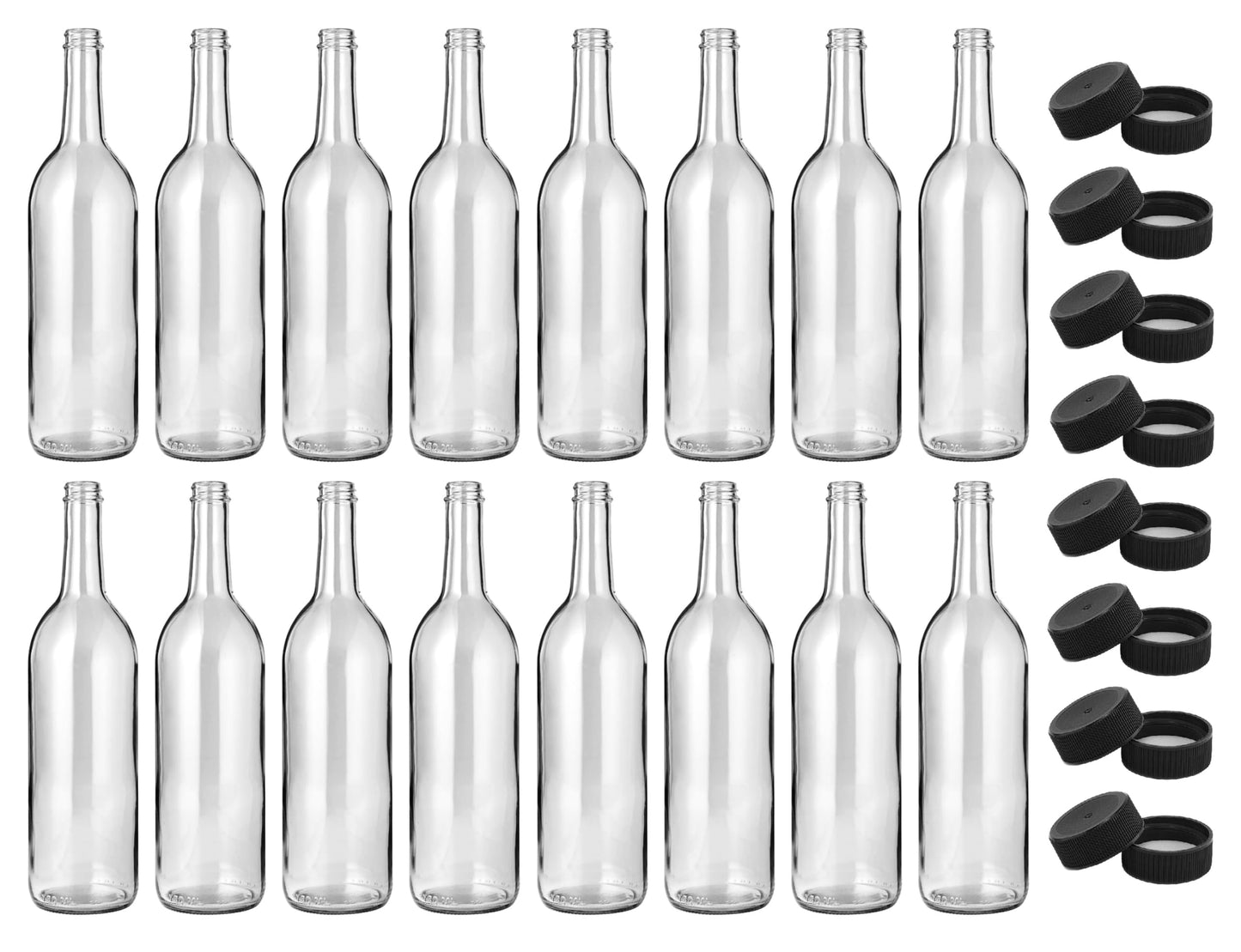 North Mountain Supply 750ml Clear Glass Bordeaux Wine Bottle Flat-Bottomed Screw-Top Finish - with 28mm Black Plastic Lids - Case of 16 - Fits 3 Gallons of Wine