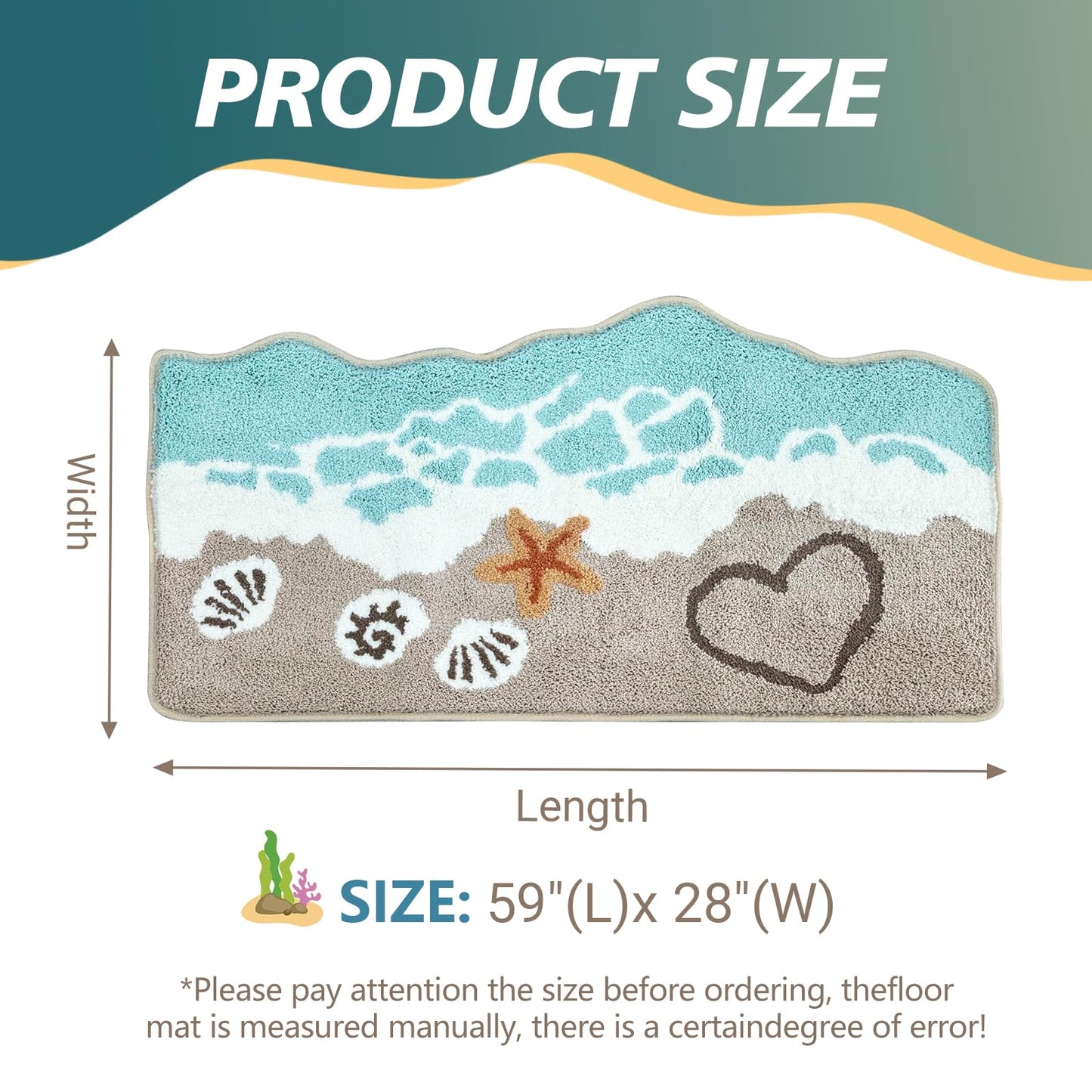 Beach Bathroom Rugs Soft Absorbent Ocean Wave Bath Mat with Non-Slip Backing Coastal Decor for Bathroom Kitchen Entryway, Blue Sea Design with Starfish Shells Pattern Bath Decor(C, 28"x59")