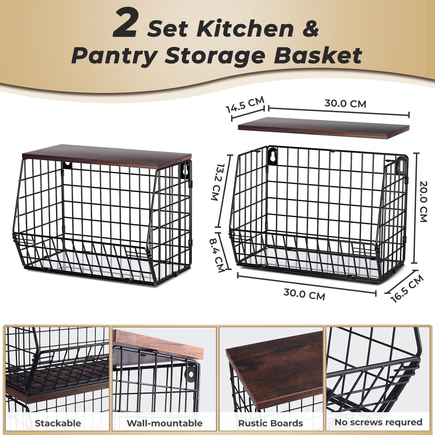 Mefirt 2pcs Fruit Basket Kitchen Storage Basket with Wood Lid, Stackable Wall Basket Fruit Basket for Kitchen, Countertop Organizer for Snack, Fruit and Veggie Storage, 11.8 x 7.9 x 8.5 Inch