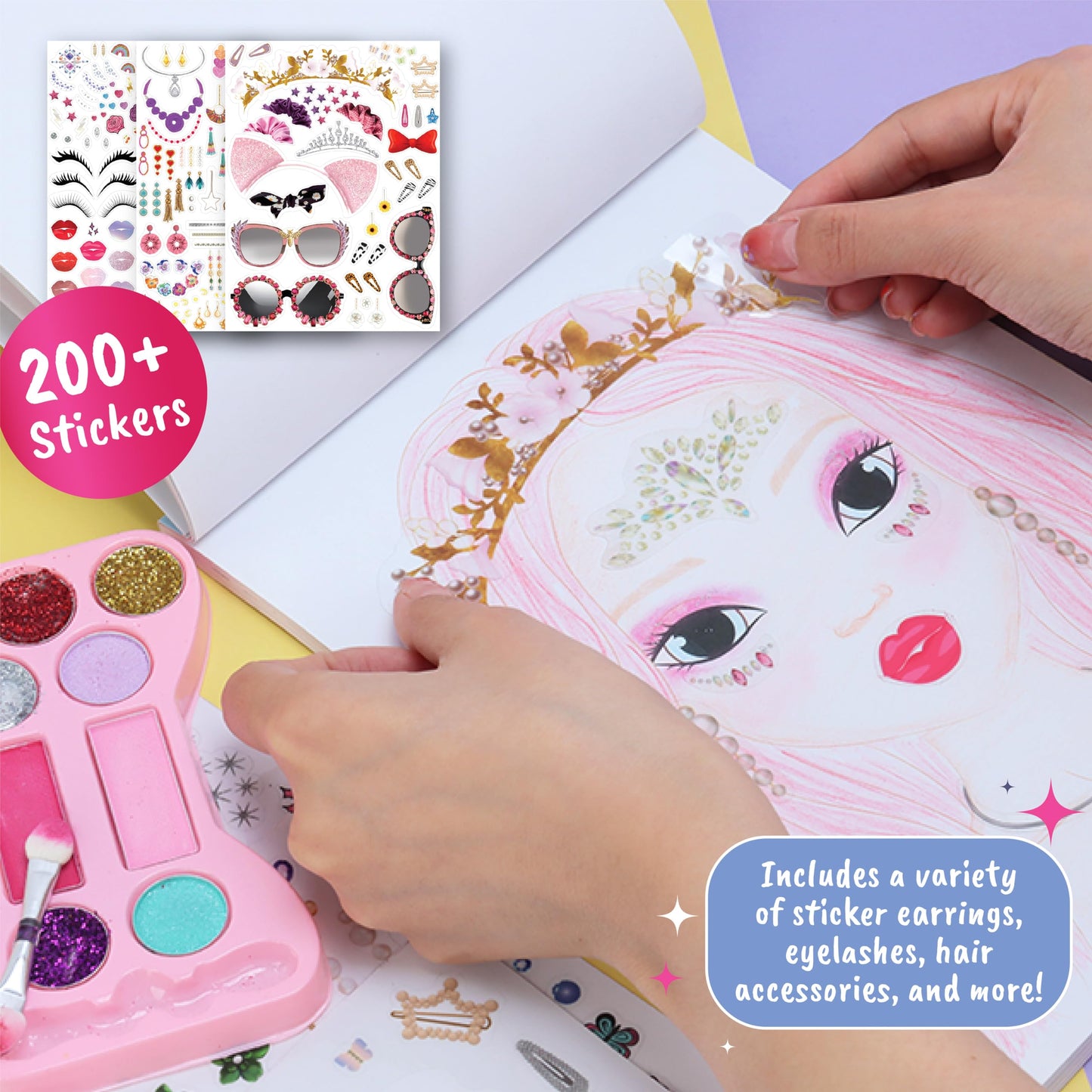 BSCOOL Make-up Artist Kit - 2 Sets Pretend Play Makeup & Sticker Coloring Book, Includes Palette, Brushes, Pencils & 200+ Stickers, Girls Beauty Toy Ages 5+