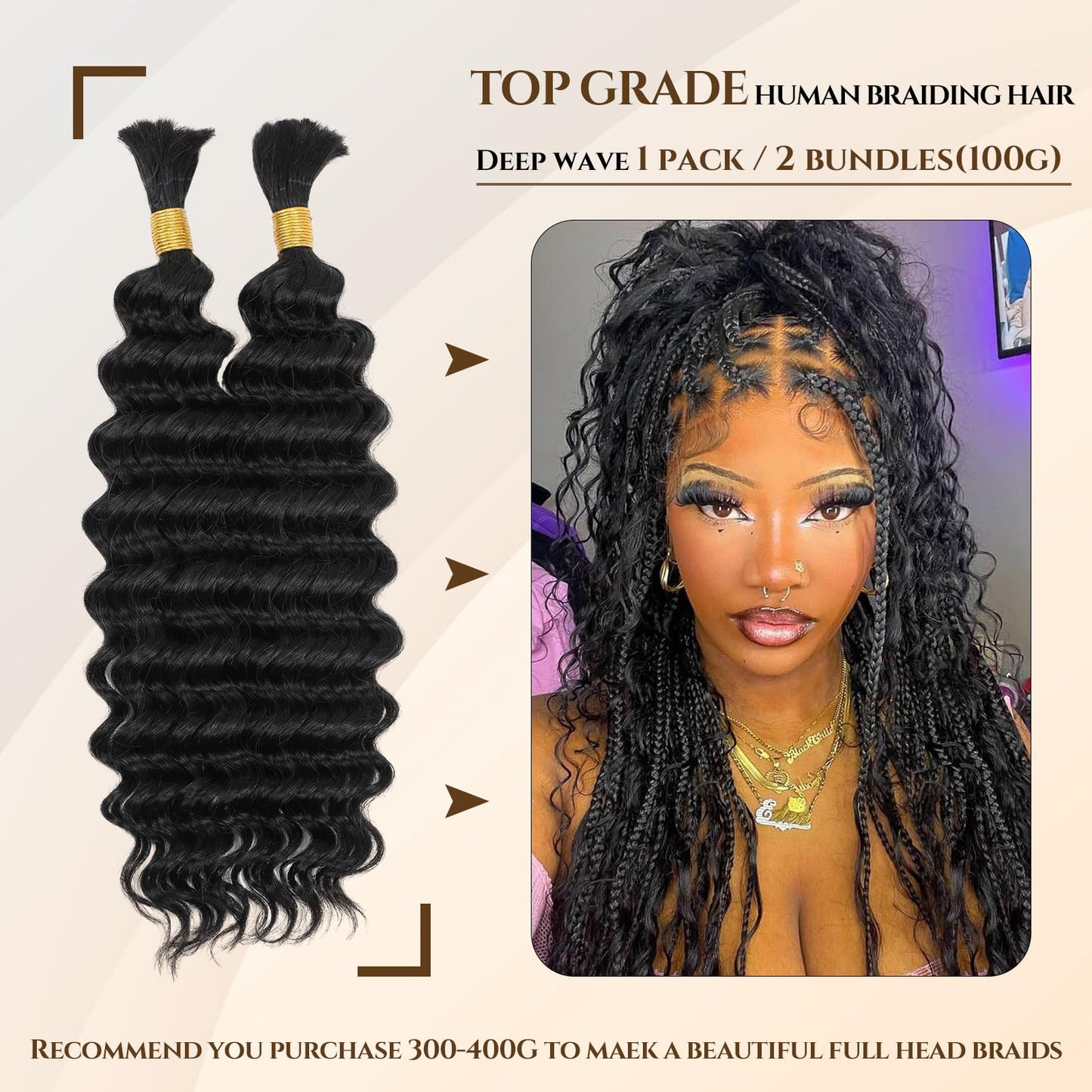 DMKEEP Deep Wave Human Braiding Hair 20 Inch Top Grade Human Hair Braiding Hair 2 Bundles 100g No Weft Bulk Human Hair for Braiding Hair Extensions Natural Color
