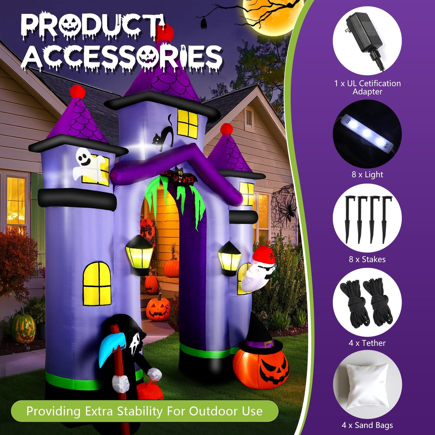 Alupssuc 11.6FT Halloween Inflatable Arch Outdoor Decoration with Built-in LEDs Lights, Large Blow Up Purple Castle Archway with Ghost & Pumpkin for Outside/Indoor Xmas,Yard,Garden,Lawn,Holiday Decor