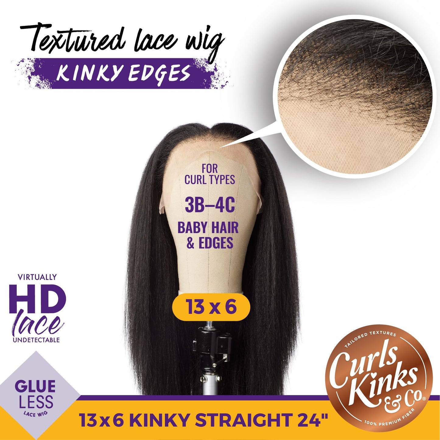 Sensationnel Curls kinksandco kinkyedges wig - kinky straight 24 inch 13x6 lace frontal natural kinkytexture edged hairline for natural 3c to 4c hair textures (1B OFFBLACK)