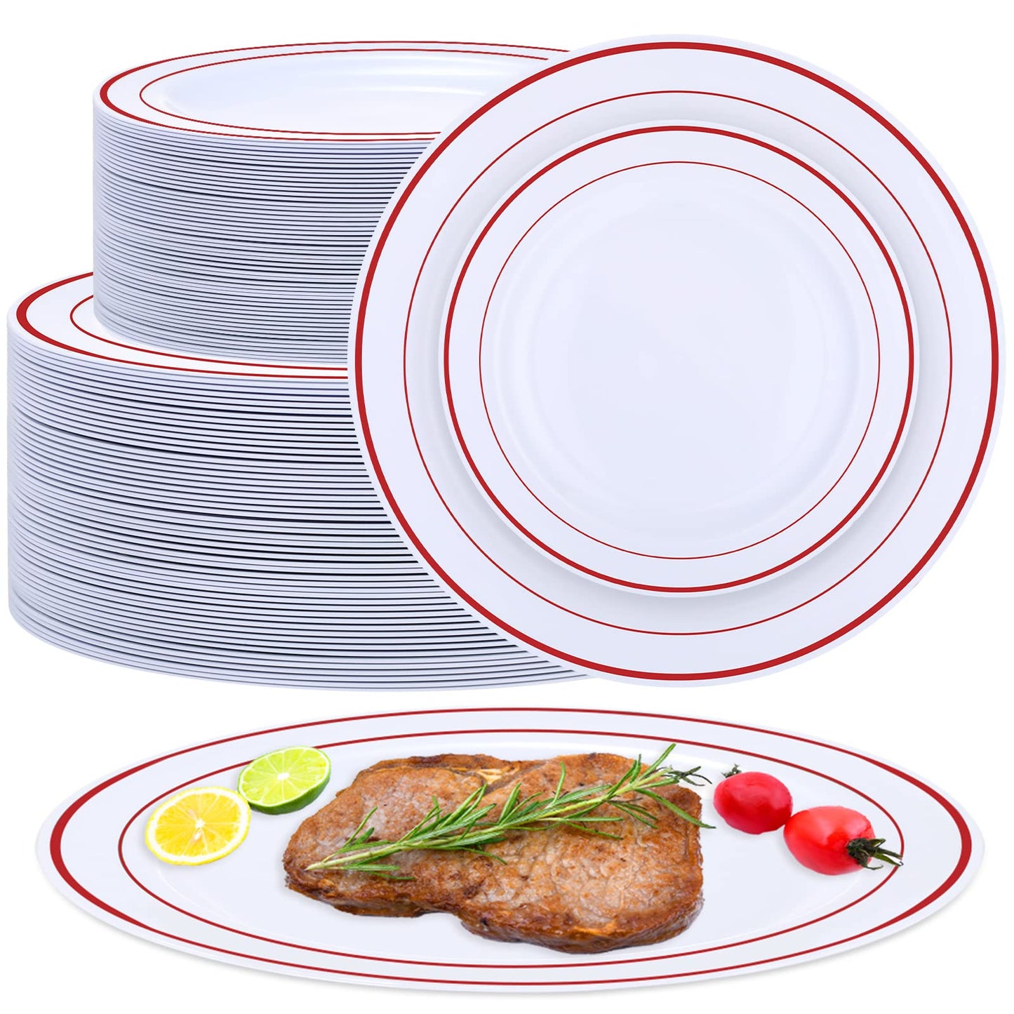 100 Pieces Party Plates Disposable Dinnerware Set 50 Guests Disposable Plastic Dinnerware for Party Dinner and Salad Plates, Plastic Plate with Elegant Rim for Wedding Graduation Party(Red Rim)