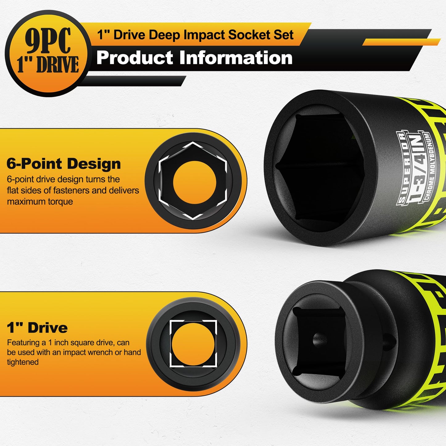 Aiourx 9 Piece 1" Drive Deep Impact Socket Set, 1 Inch - 2 Inch, SAE, 6-Point Design, Heavy Duty CR-MO, Truck Tire Service, Mechanical Equipment Maintance