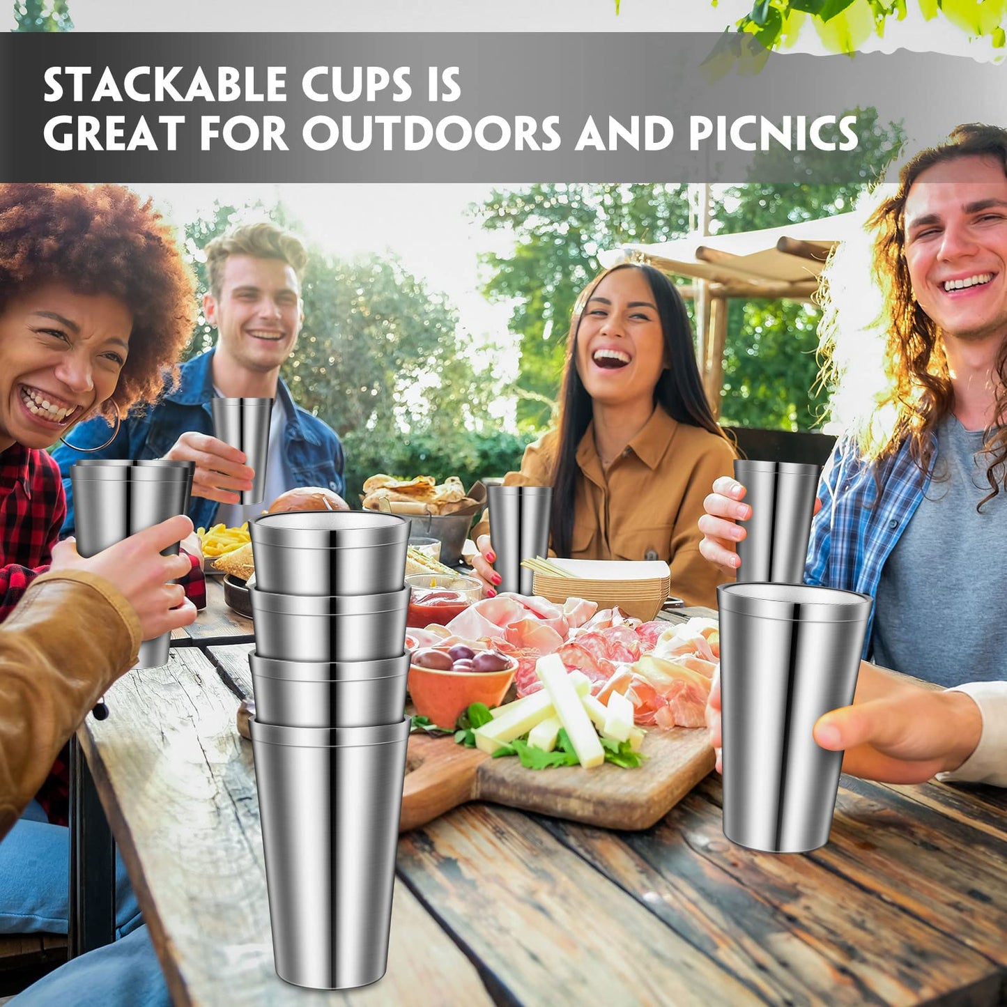 8 Pack Stainless Steel Cups 16 Oz, Double Wall Vacuum Pint Cup Tumbler, Stackable Metal Unbreakable Drinking Glasses for Home and Outdoor
